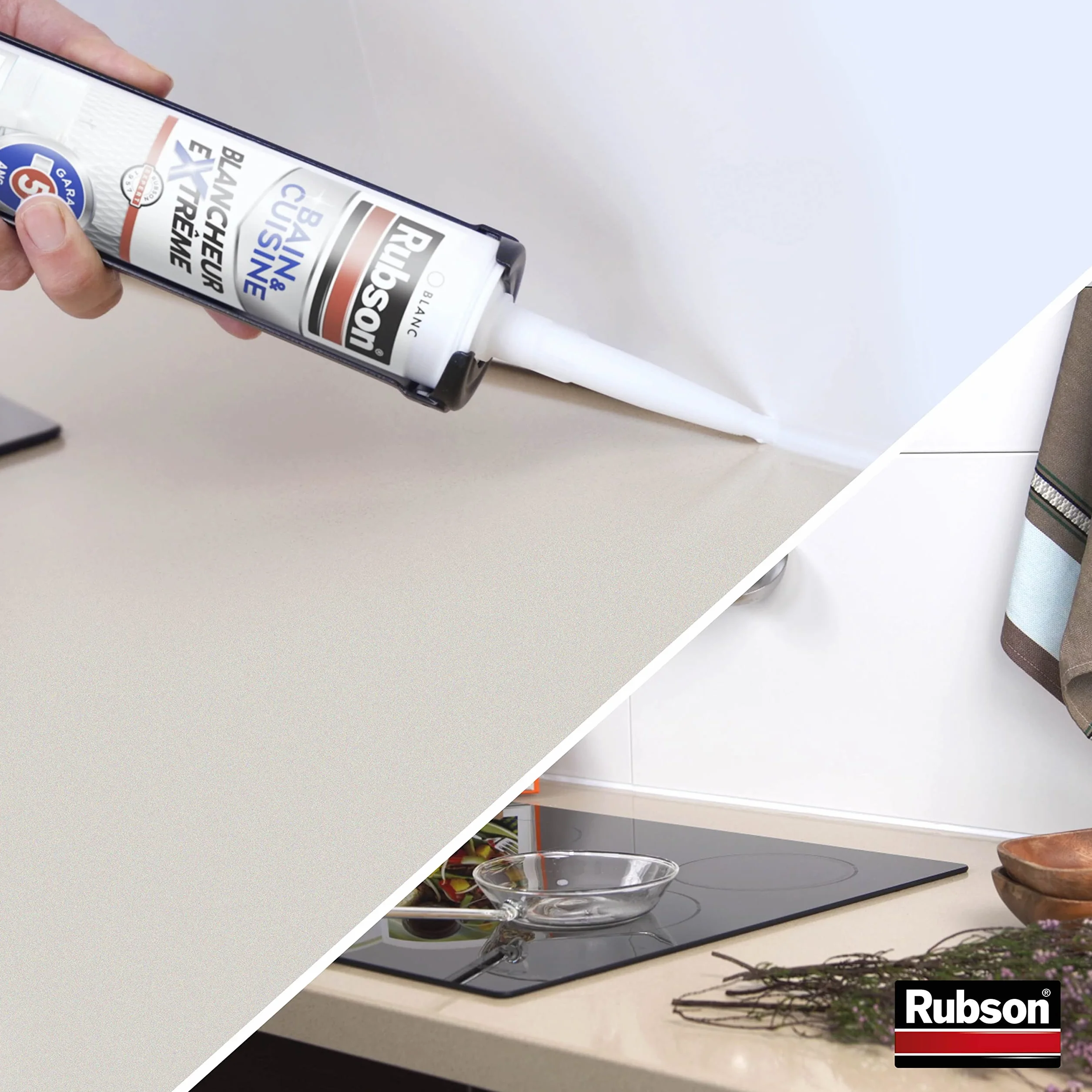 Rubson - Mastic Bain & Cuisine Blancheur Extrême (cartouche 280ml) étanche et anti moisissures à base de silicone - longue durée, Blanc