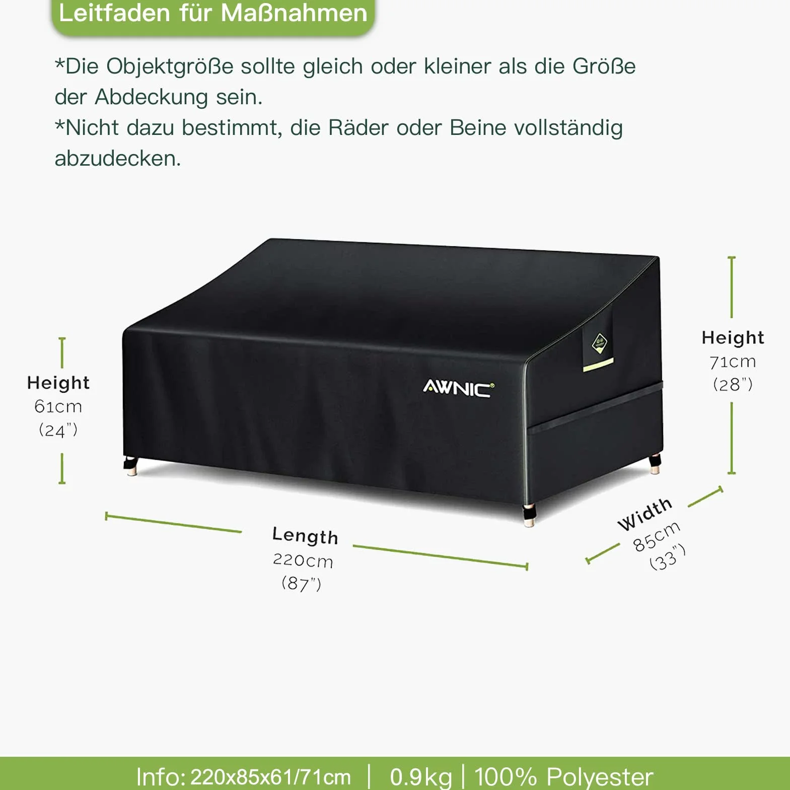 AWNIC Housse de canapé de jardin 3 places imperméable TÜV Rheinland 220 x 85 x 61/71 cm