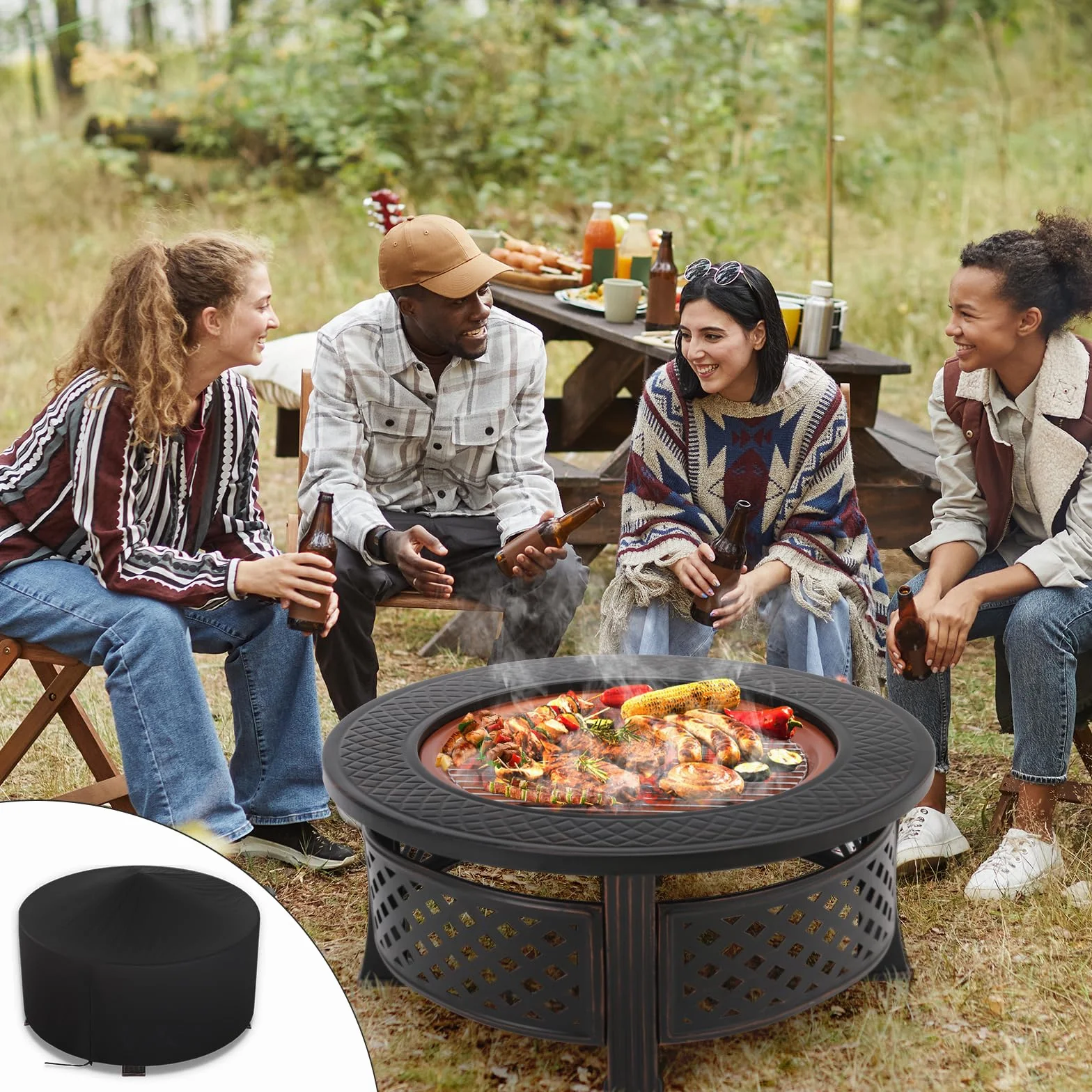 TLSUNNY Braséro Barbecue Extérieur 3 en 1 80x80x50 cm avec Housse Protection Grillage BBQ Galvanisé