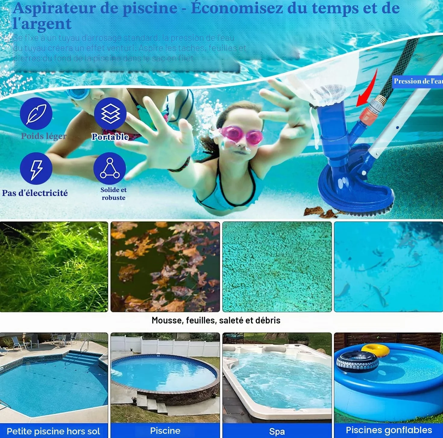 Aspirateur de Piscine Kit de Nettoyage 1.5M Tête d'aspirateur Perche Télescopique Tige Aluminium Détachable Jacuzzi Fontaine Aquarium Étang Brosse