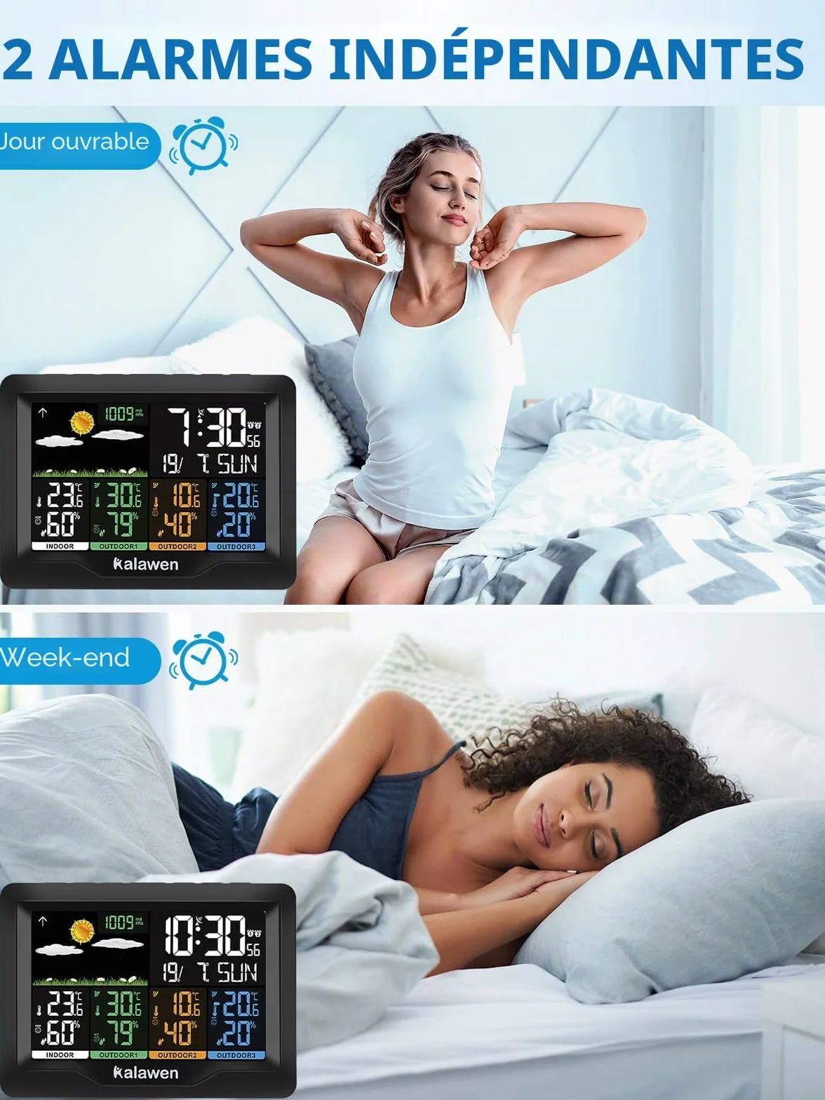 Station météo sans fil avec 3 capteurs extérieurs, réveil DCF, baromètre, thermomètre hygromètre