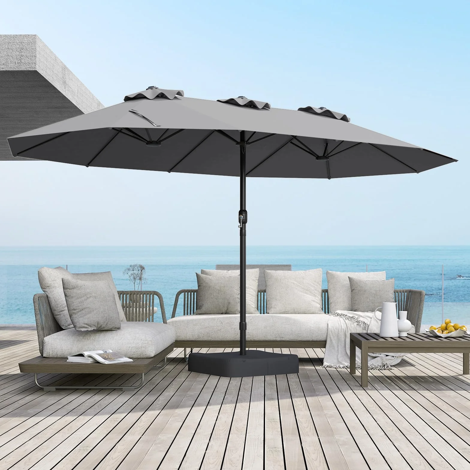 Parasol Double RELAX4LIFE 4,7M avec Pied, Manivelle, 12 Baleines, Base Croix, Protection Solaire Jardin Terrasse Gris