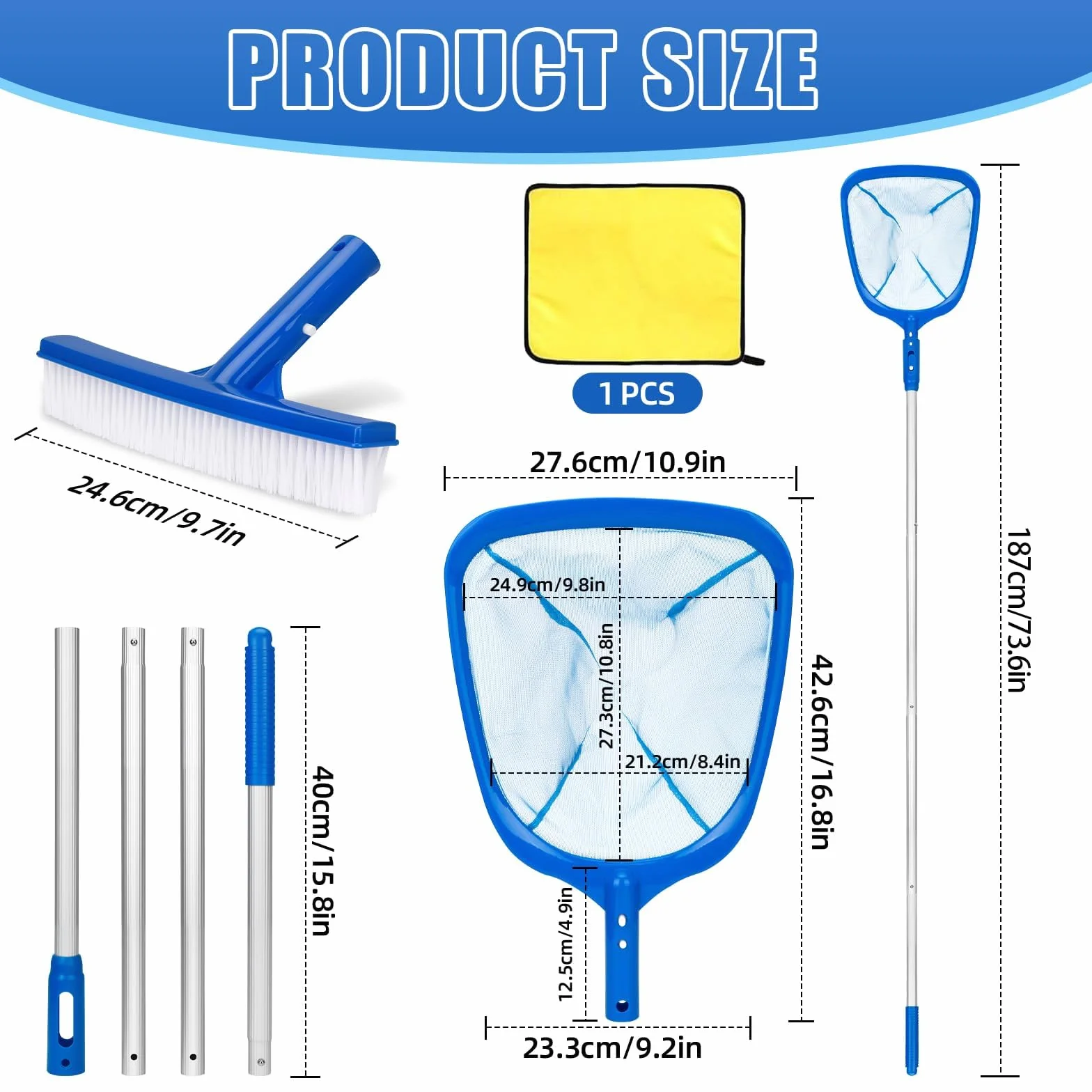 USHOP Épuisettes de Surface pour Piscine 187cm Filets de Fond Piscine Outil Nettoyage Étang