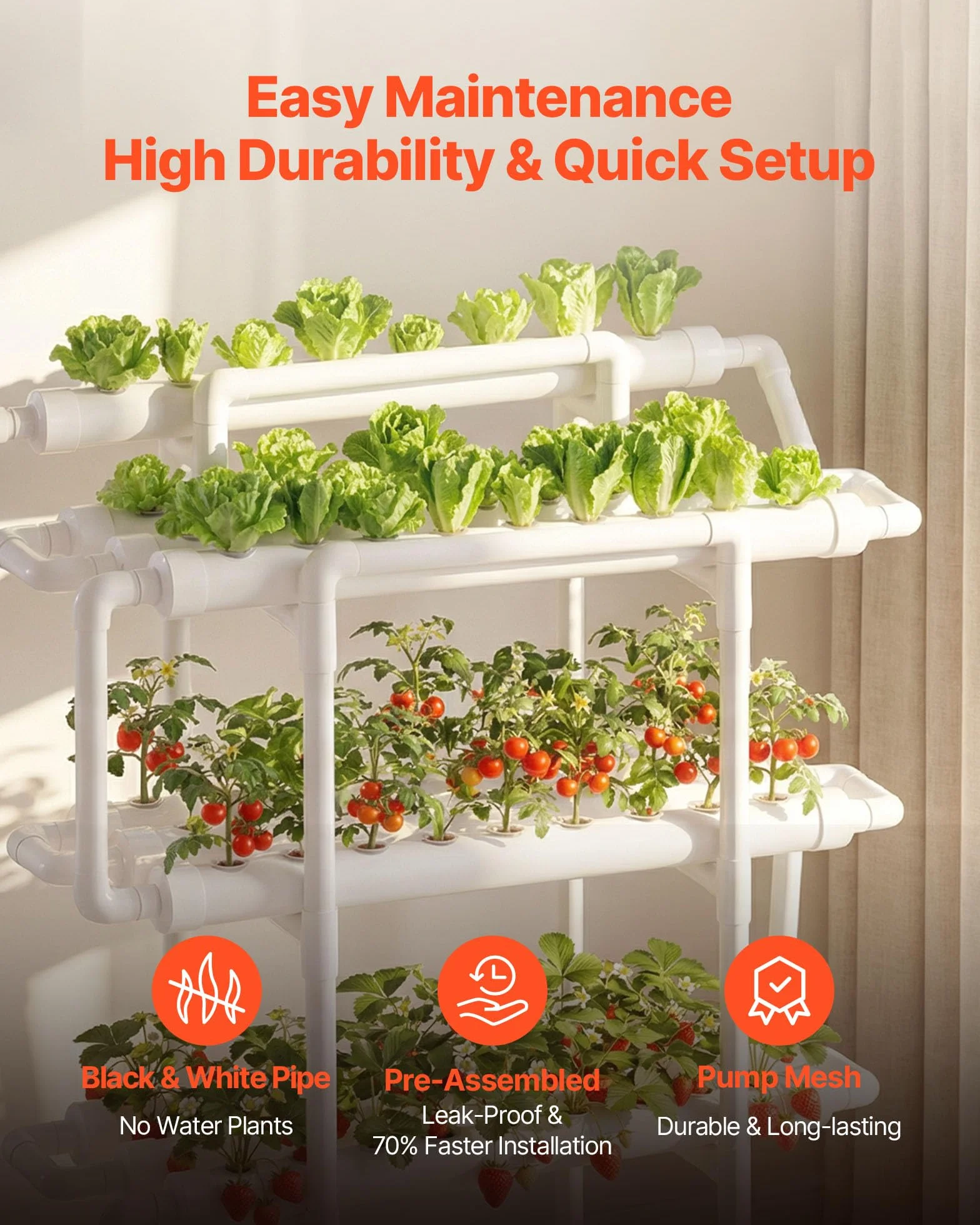VEVOR Kit de Culture Hydroponique NFT 3 Niveaux 90 Emplacements Jardin Intérieur Légumes Herbes Fruits Tubes PVC-U Anti-Lumière Irrigation Programmée