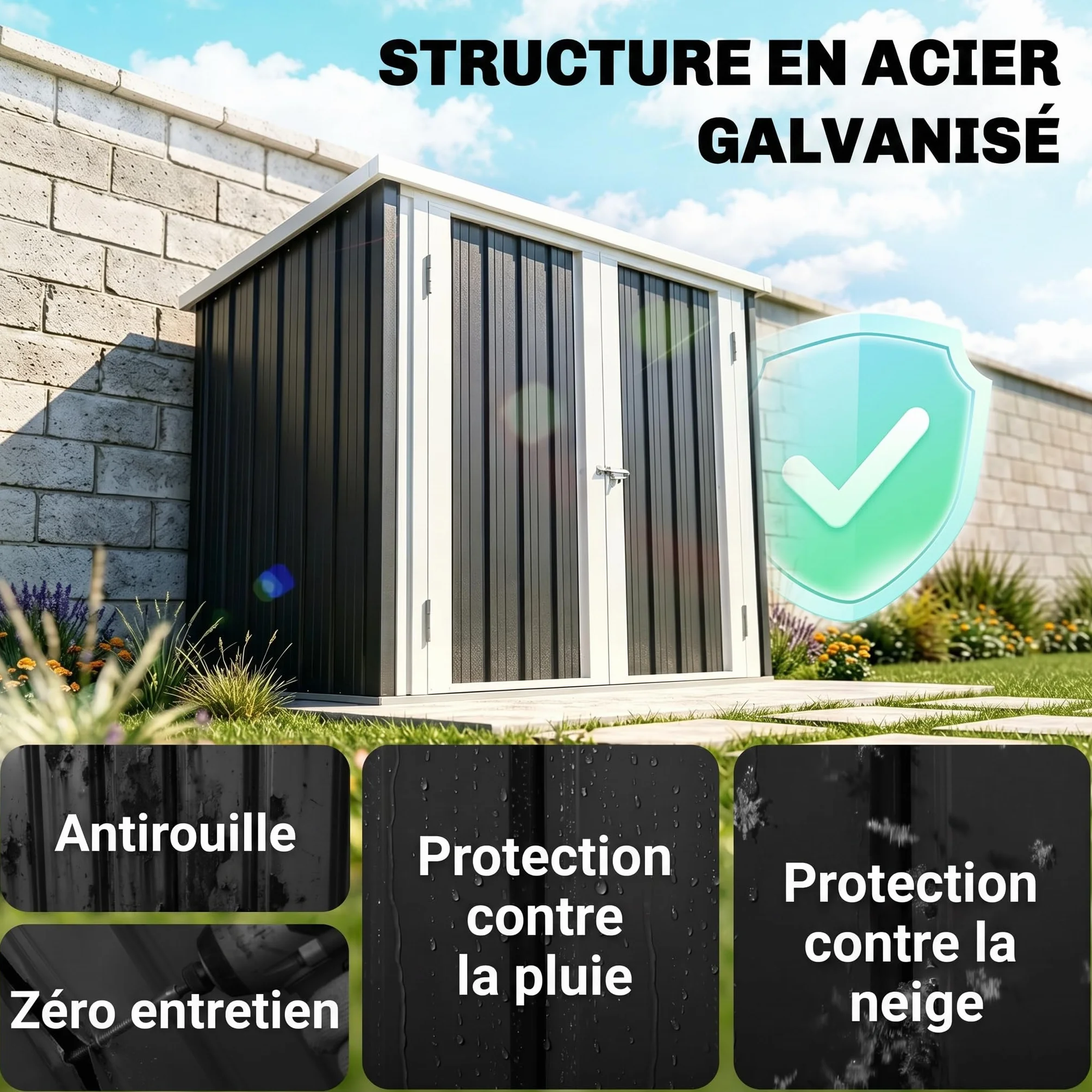 Outsunny Abri de Jardin 1,09 m² Cabanon Rangement Outils 2 Portes verrouillables 147L x 86l x 134H cm tôle d'acier Noir Blanc