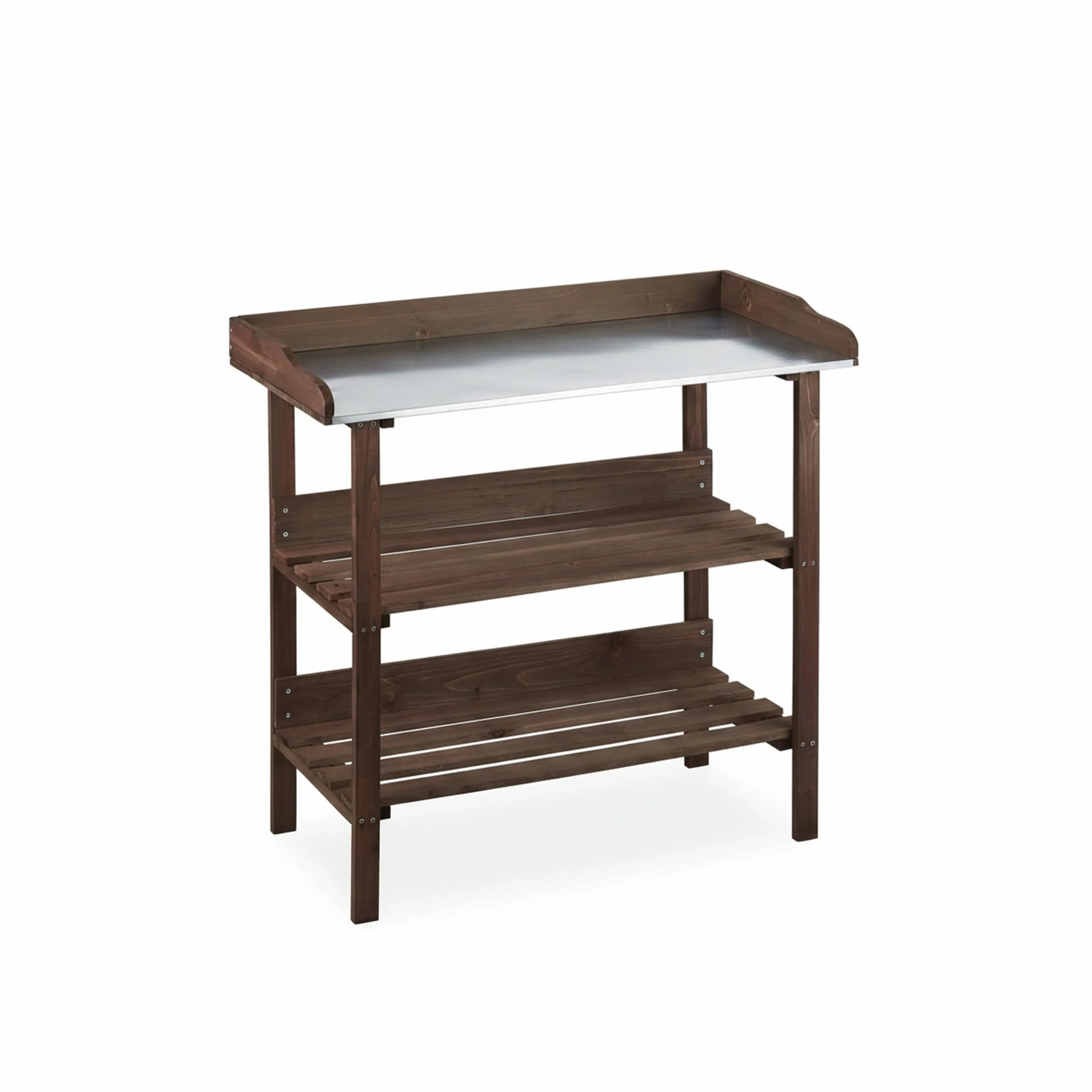 Relaxdays Plaque métallique Table de dépotage avec rangements Bois 86 x 92 x 41 cm Marron