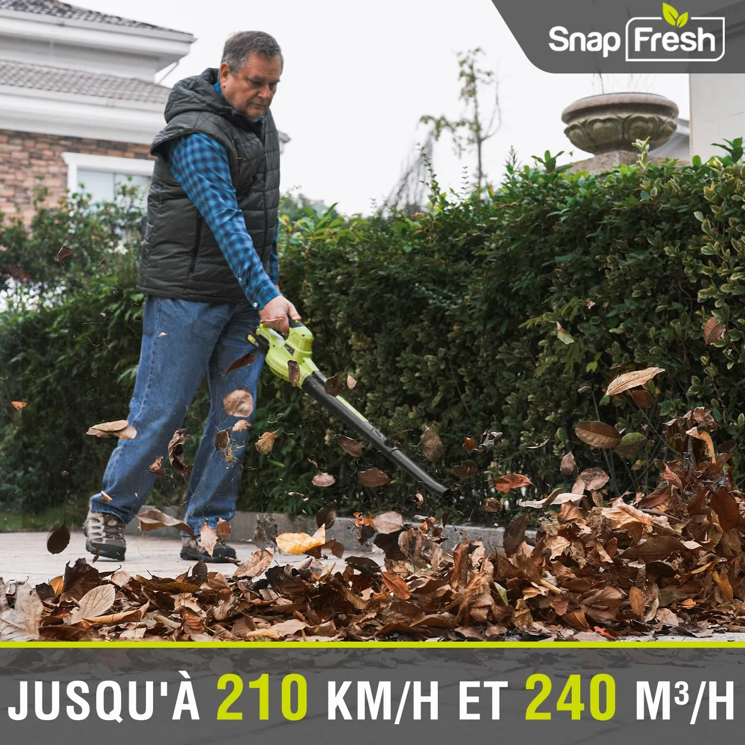 SnapFresh Souffleur Batterie 20V Léger 1,2 kg - Souffleur de Feuilles sans Fil 210 km/h 240m³/h, 2 Vitesses, avec Batterie et Chargeur
