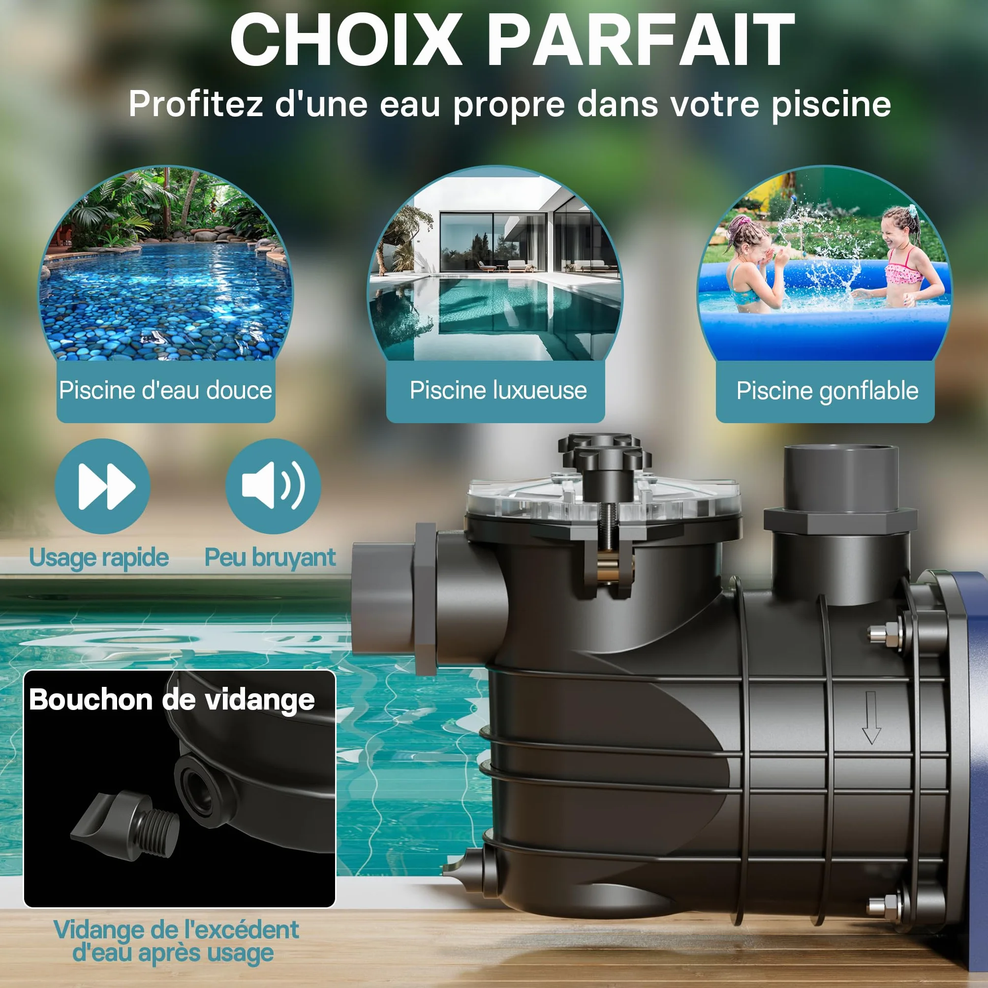 Wiltec Pompe piscine 1100 W – Débit 17700 l/h – Hauteur refoulement 15 m – Filtration Circulation Eau