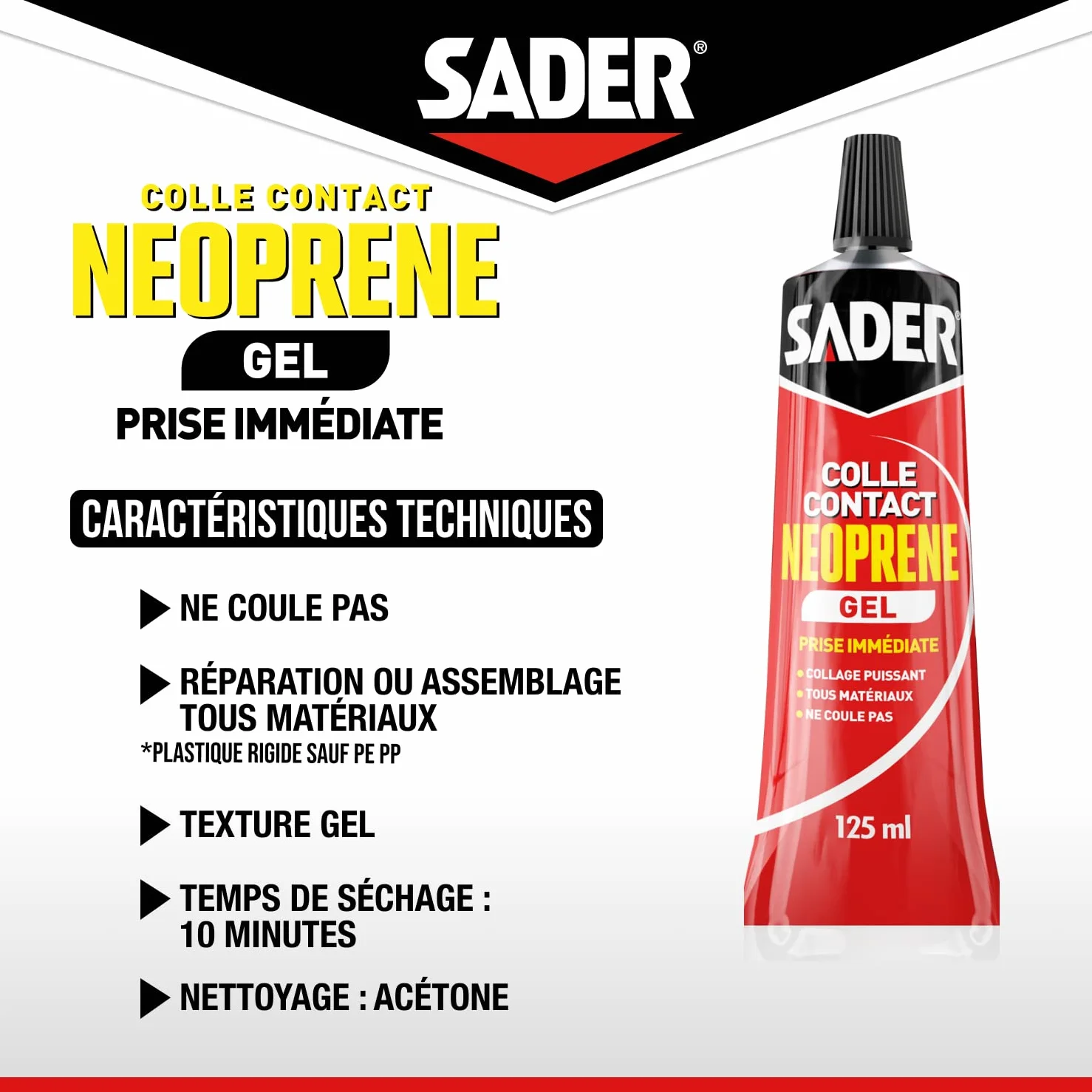 Sader Colle Contact Néoprène Gel – Colle Extra Forte Tous Matériaux – Prise Immédiate – Idéale pour Supports Poreux ou Verticaux–Transparente –Tube 125 ml, Ambré - l'emballage de l'article peut varier