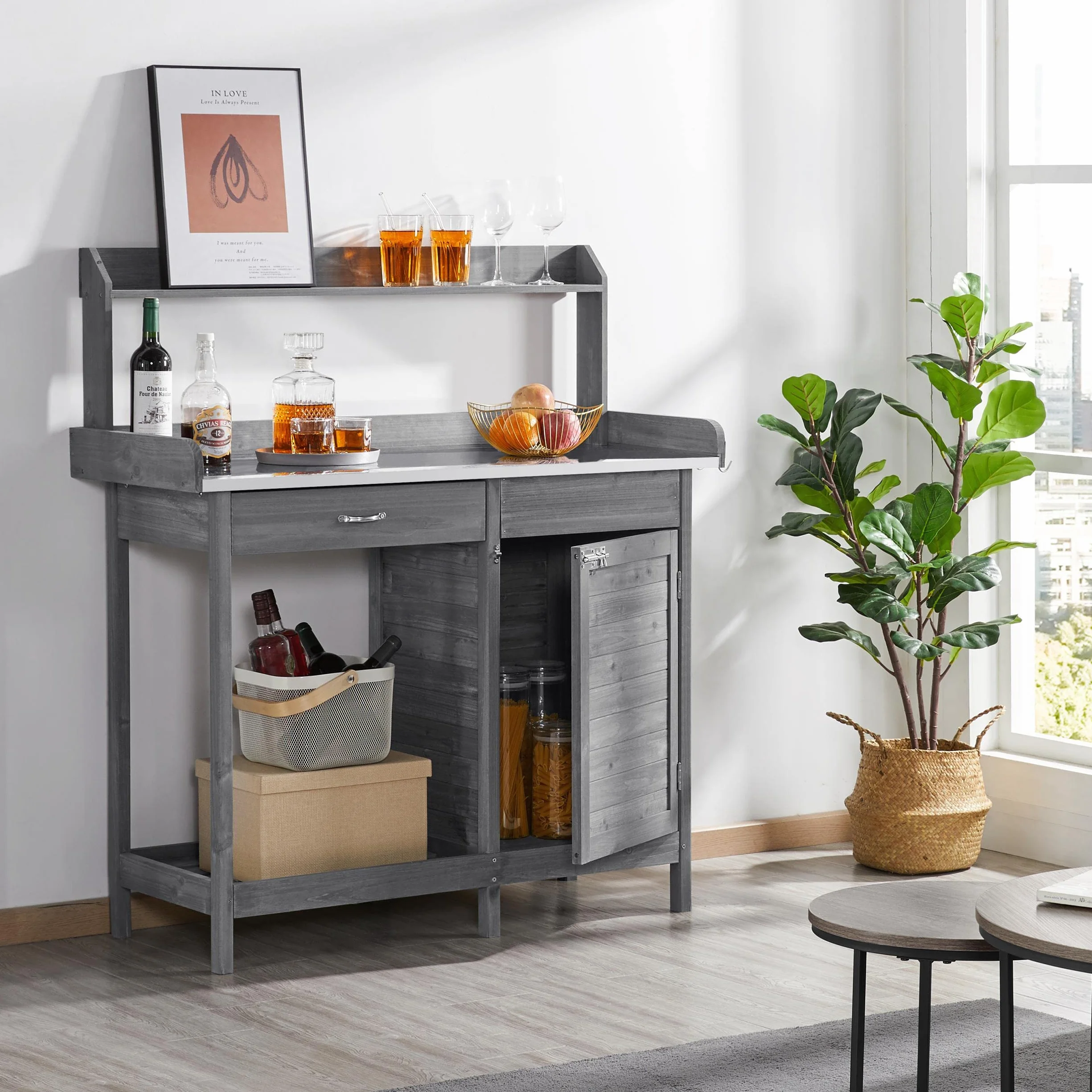 Yaheetech Table de Rempotage Jardinage avec Tiroirs Crochet Armoires Rangement Métallique Galvanisé Gris