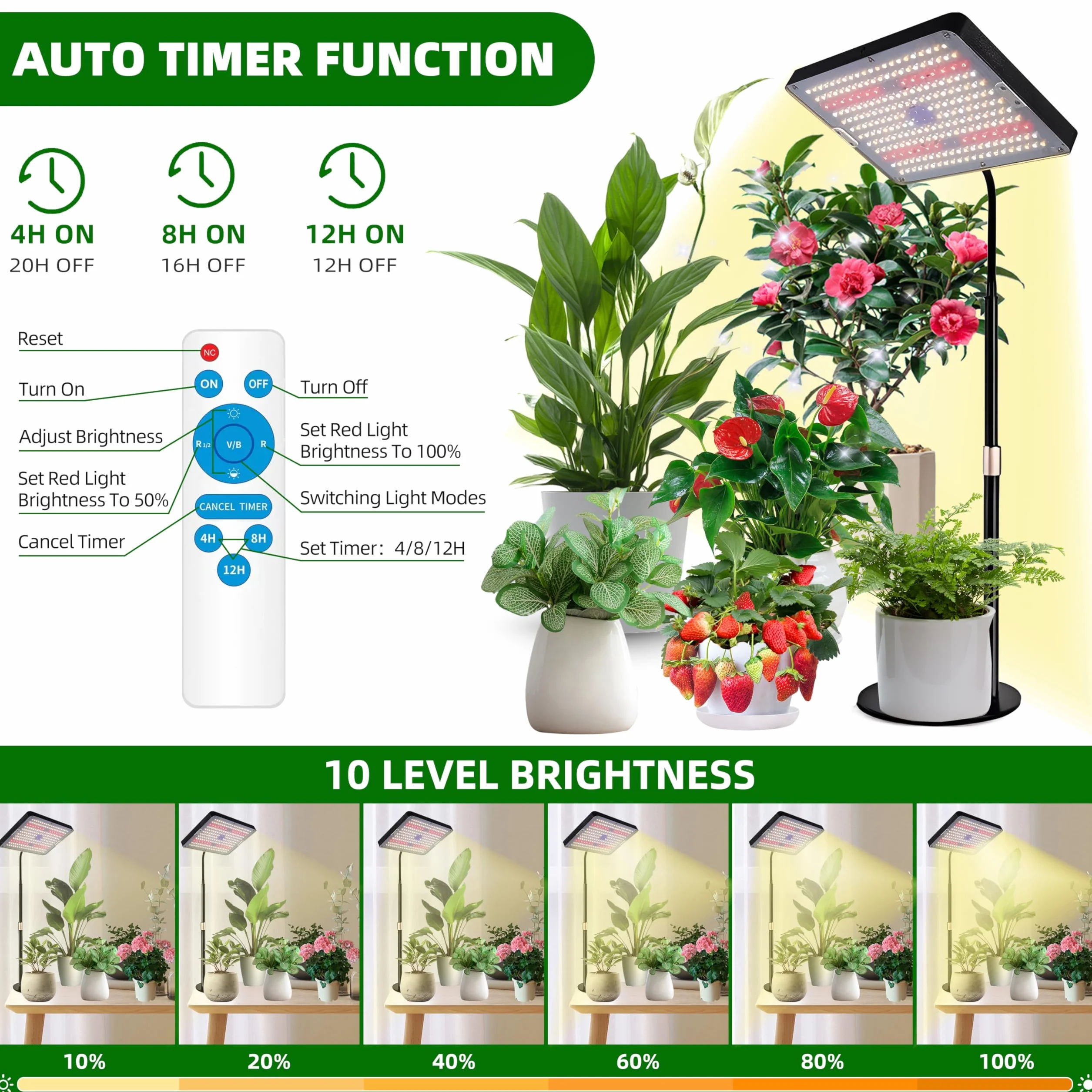 Lampe Horticole LED Spectre Complet Dimmable avec Minuterie 4/8/12H, 10 Luminosité, 3 Modes pour Plantes d'Intérieur