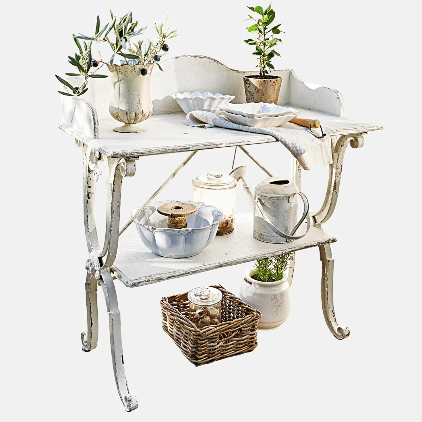 Loberon Cornell Table de rempotage métal lamellé-collé Finition à l'ancienne Blanc Vieilli