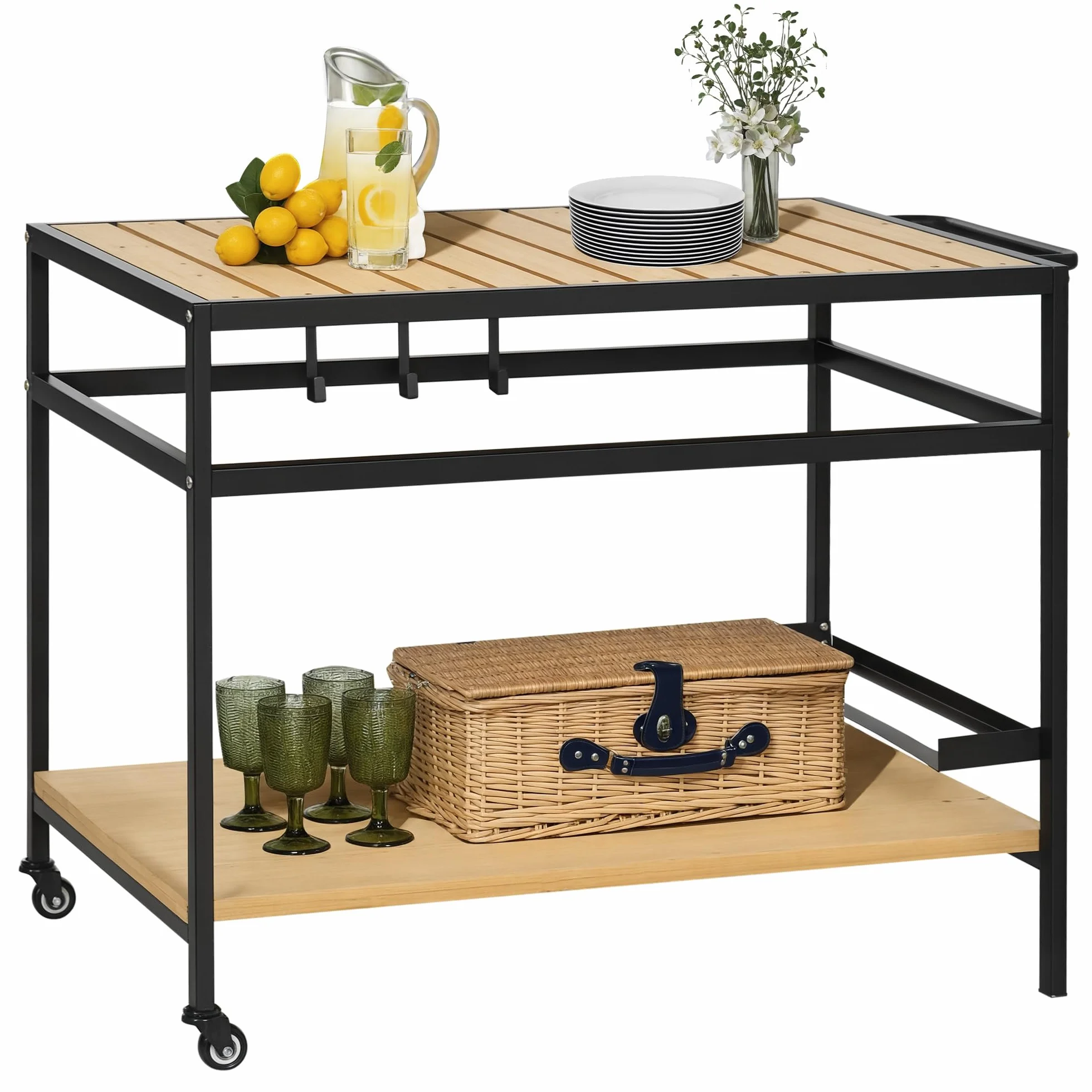 Outsunny Desserte de Jardin Chariot Barbecue avec 2 étagères 3 Crochets Bois Métal 107 x 65 x 80 cm Noir Naturel