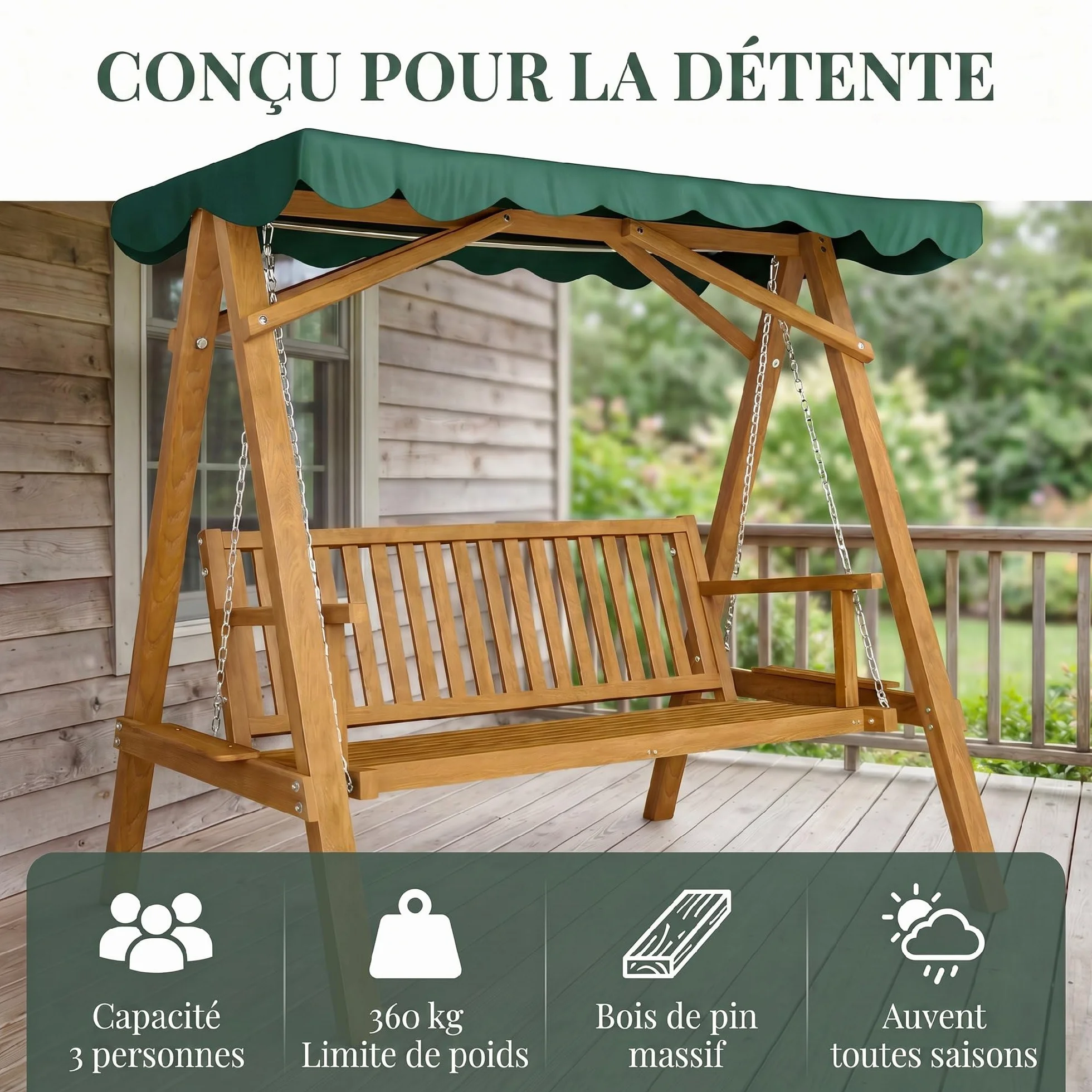 Outsunny Balancelle de Jardin 3 Places Toit imperméabilisé 360 Kg Bois de pin Vert