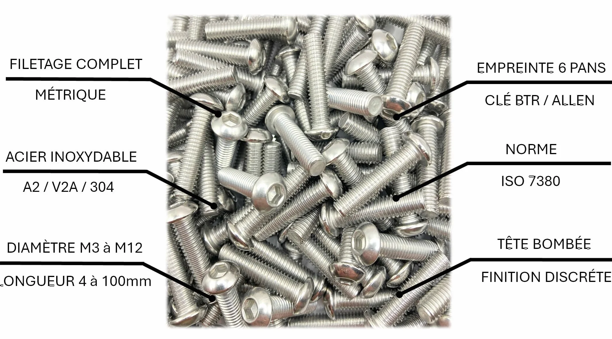 Vis INOX M8x20 mm tête bombée BTR Ø 8x20 mm | Vis cylindrique M8 x 20 mm BHC à 6 pans creux (clé allen) | Acier Inoxydable A2-70 (V2A/304) | DIN ISO 7380-1 : LOT DE 5 Pcs
