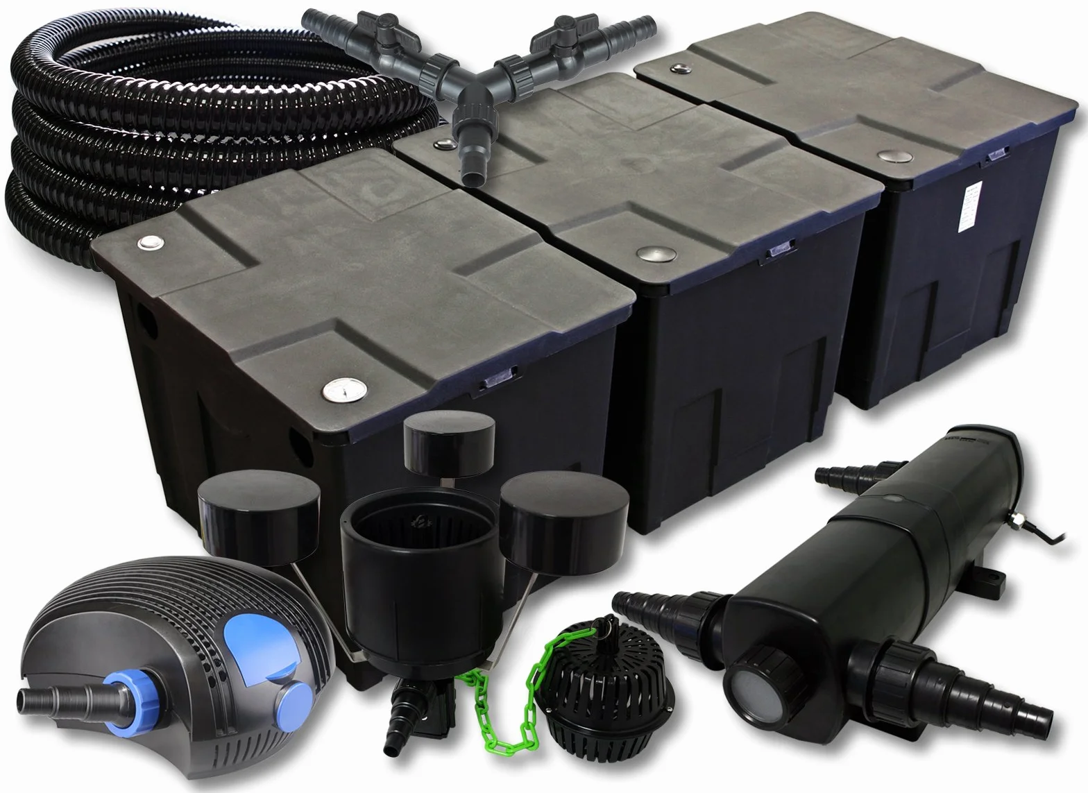 SunSun CBF-350C Filtre de bassin 90000L CTF-12000 Pompe 12000l/h 100W CUV-224 Lampe UV 24W 25m Tuyau 25mm CSP-250 Écumeur 2500l/h 45W Y-distributeur