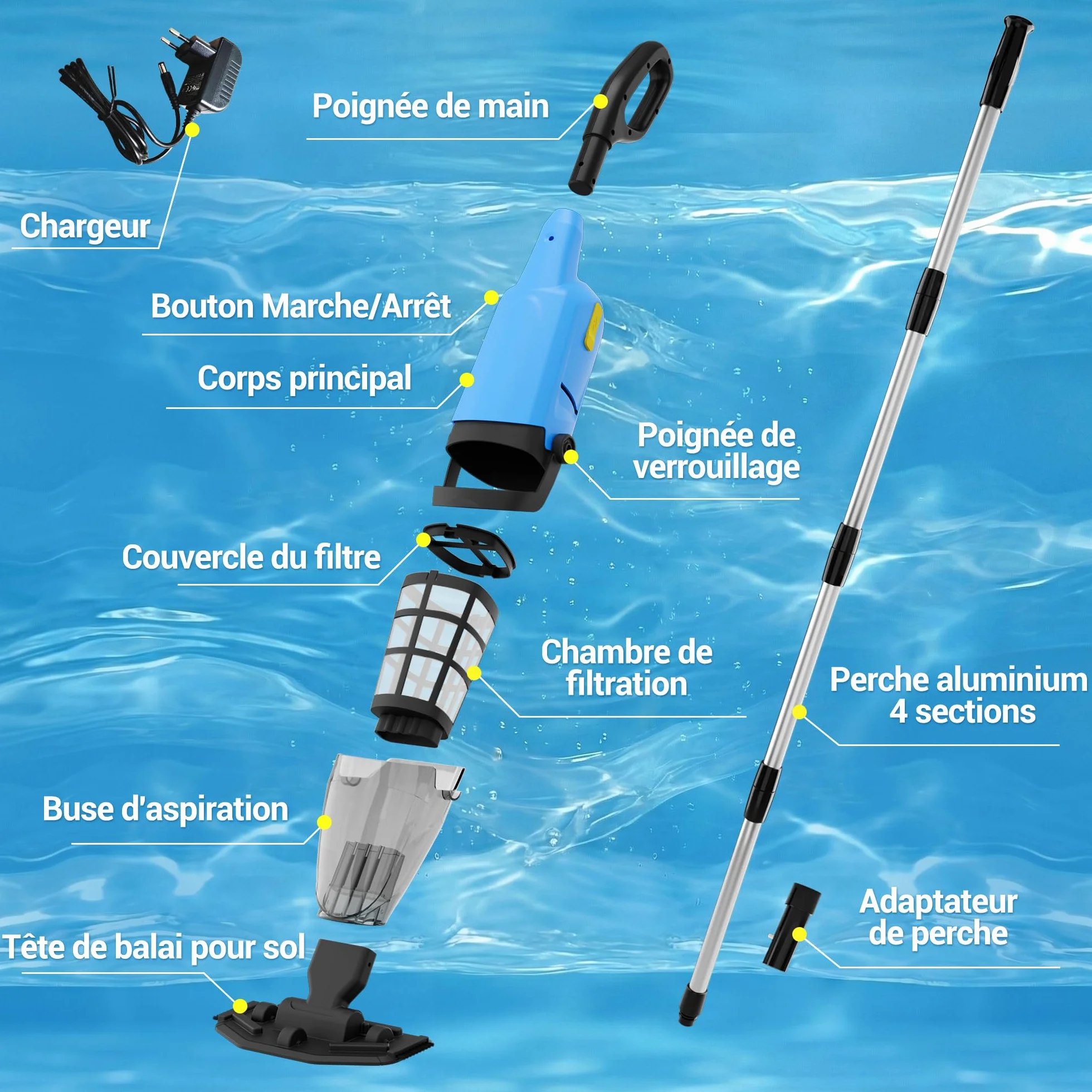 Nettoyeur de piscine sans fil rechargeable – Aspirateur à main avec tige télescopique et filtre fin pour piscines hors-sol et jacuzzis