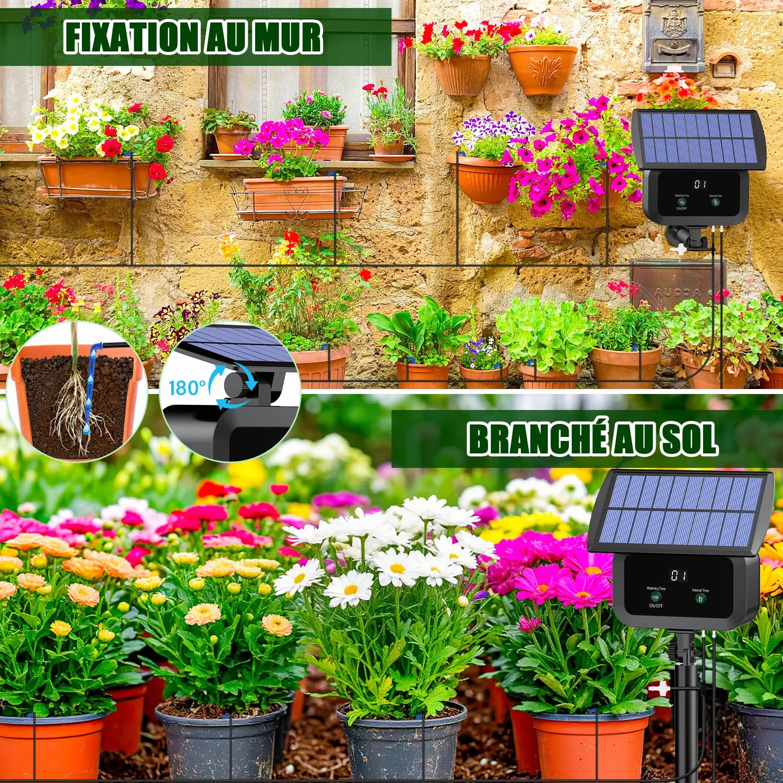 Kit Arrosage Automatique Solaire, Système d'Irrigation Goutte à Goutte avec Minuterie et Tuyau 15M