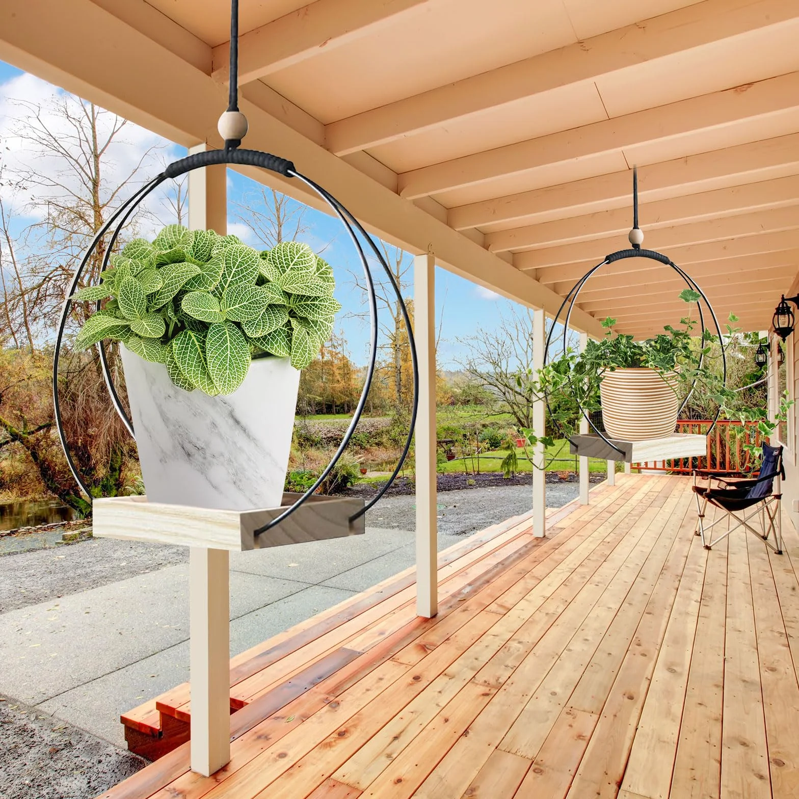 Suspension Plante Intérieure Macramé, Pot Suspendu avec Anneau Métal et Base Bois, Crochet Inclus