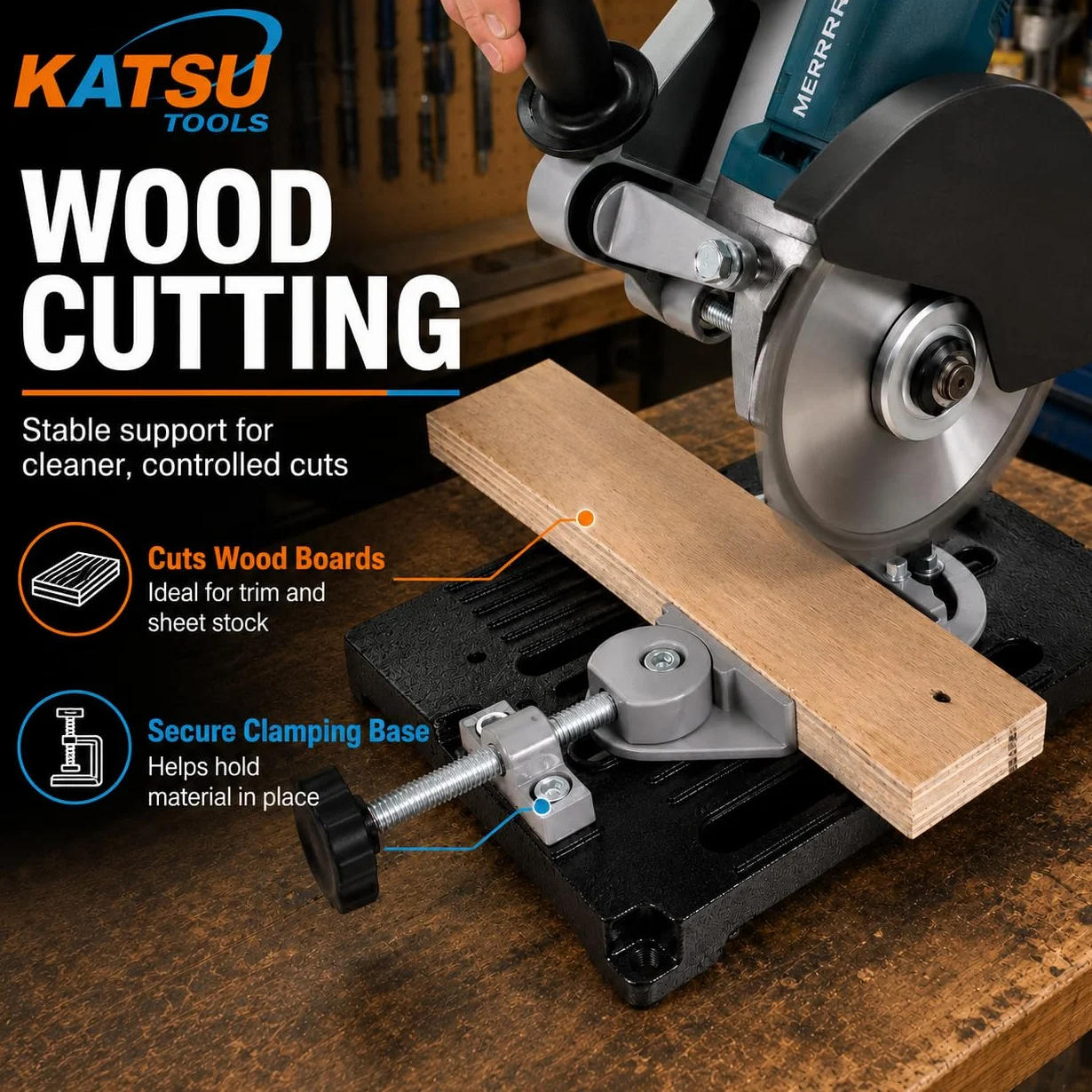 KATSU Support pour Meuleuse d'Angle - Ø 100mm à 125mm Base en Fonte Robuste de Support de Tronçonnage pour Meuleuse électrique avec 11 Disques de Coupe en Bois et en Acier 105422