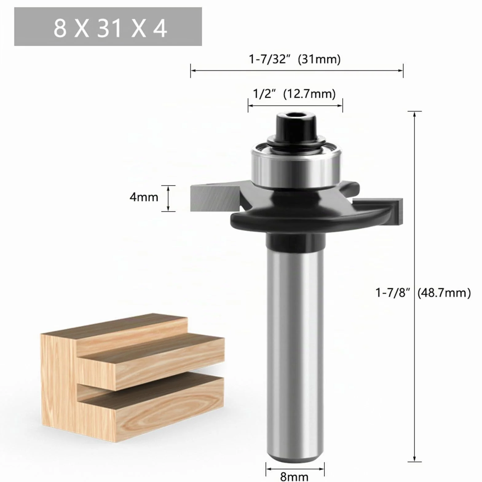 Lot de 4 fraises pour défonceuse à disque pour défonceuse - Tige de 8 mm - 2 mm, 3 mm, 4 mm, 5 mm - Avec roulements à billes - Outils pour le travail du bois, fraise à affleurer pour la coupe du bois