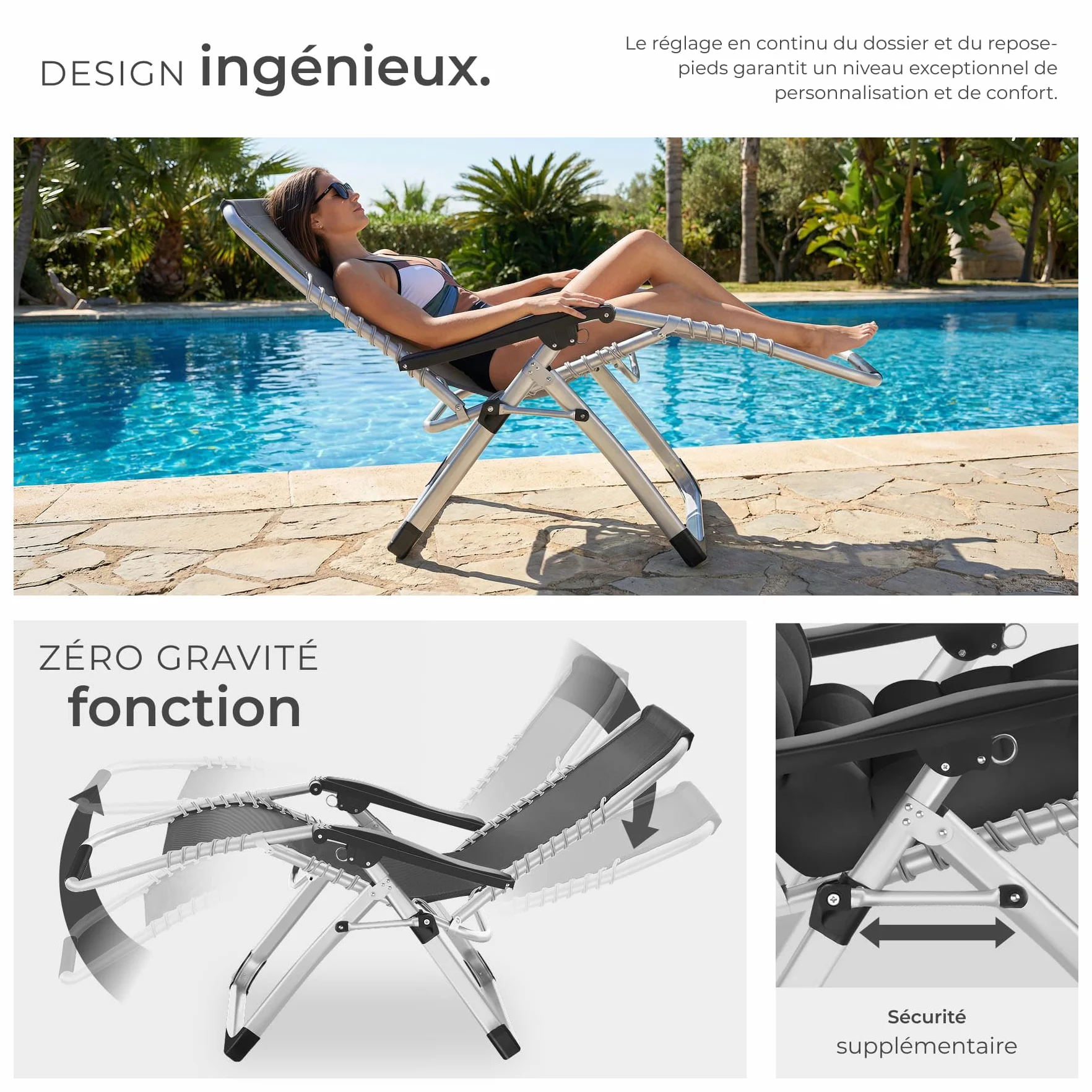 Tectake Fauteuil de Jardin Pliable avec Rembourrage, Repose Pieds, Accoudoirs, Appuie-tête Amovible, Structure Acier époxy