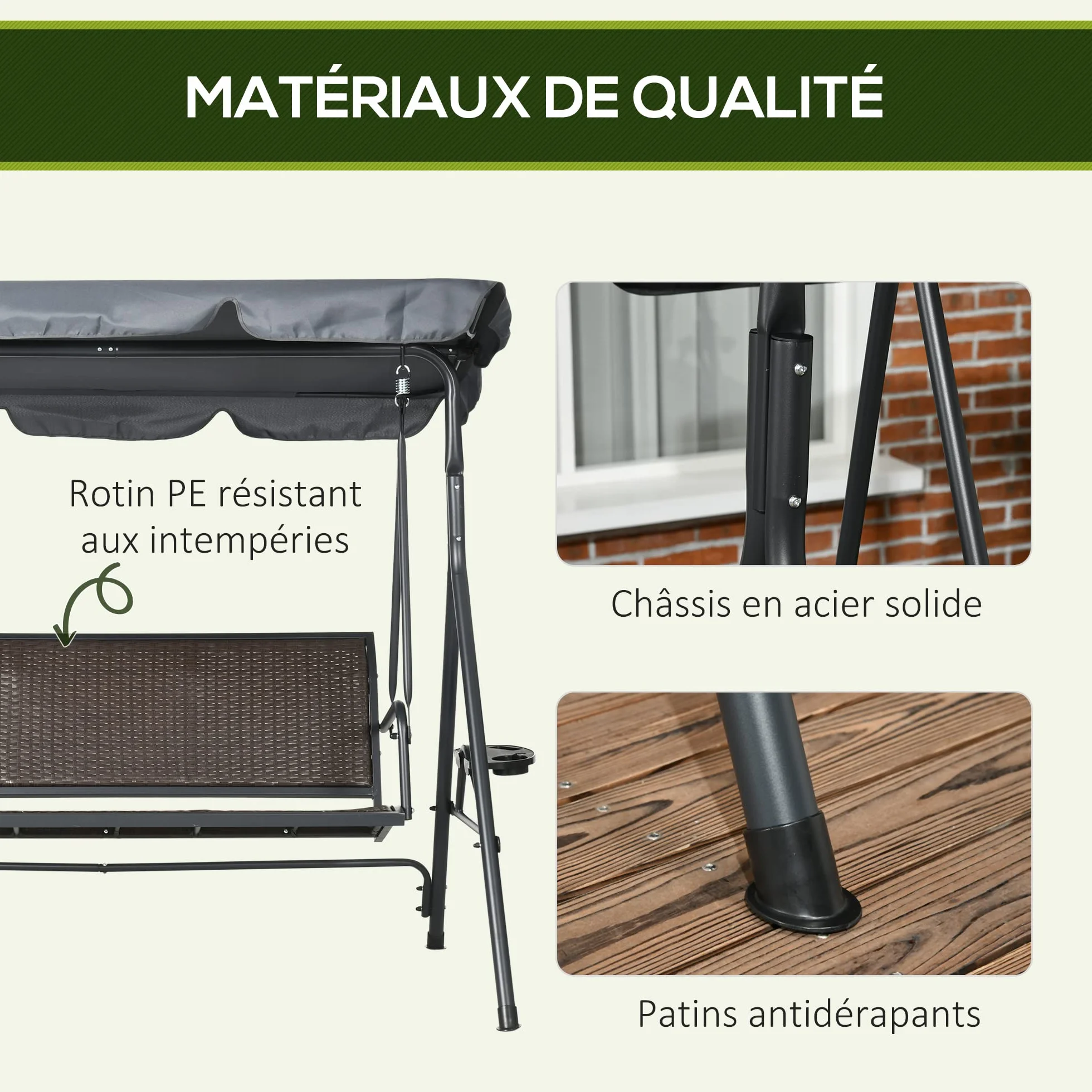 Outsunny Balancelle de Jardin 3 Places Toit Inclinaison réglable Porte-gobelets Plateaux Résine Tressée PE Acier Polyester Gris Foncé Marron