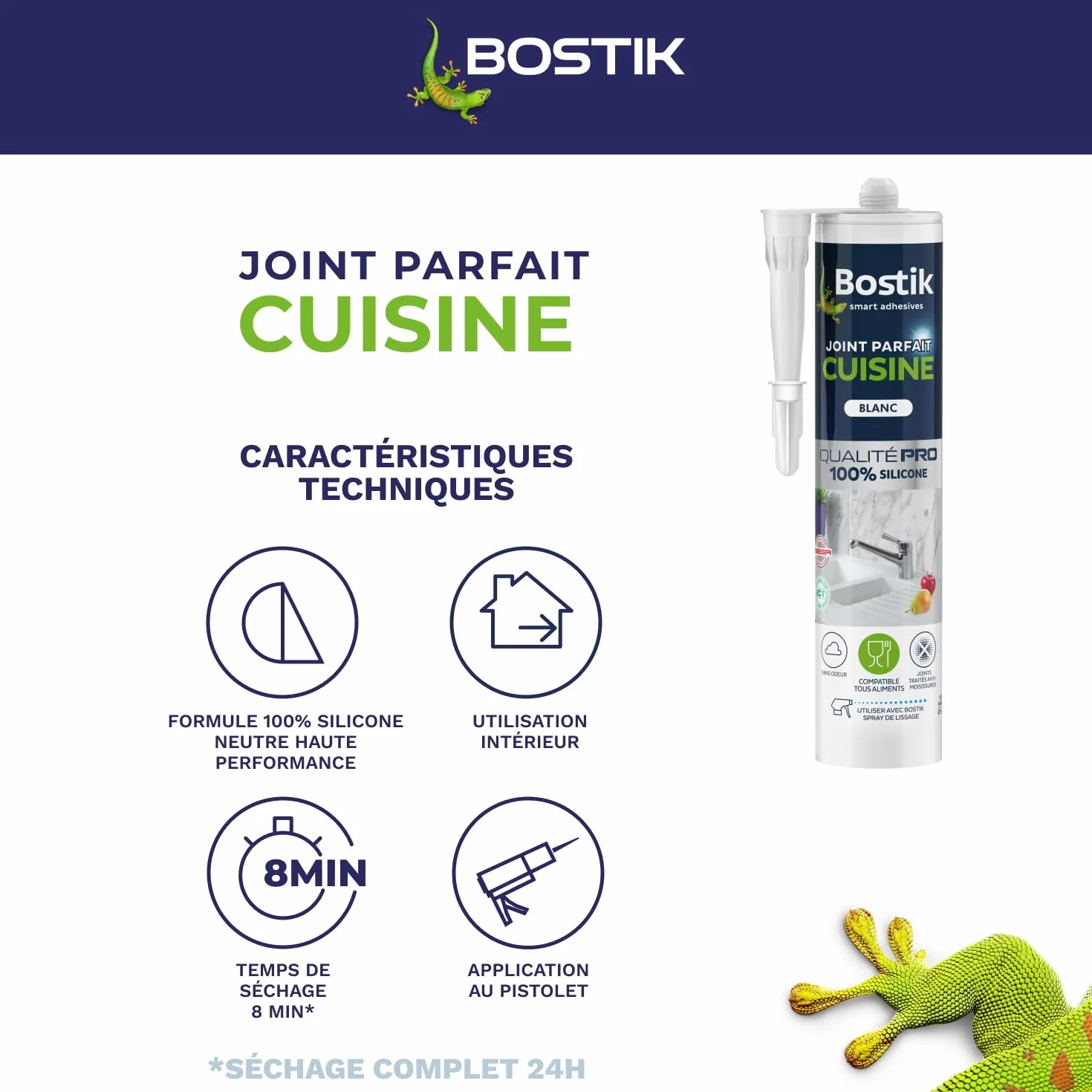 Bostik Mastic d’Étanchéité Joint Parfait Cuisine – Jointe Tous Matériaux – Sans Odeur – Traité Anti-Moisissures – Certifié Contact Alimentaire - Formule 100% Silicone – Couleur : Transparent – 280 ml