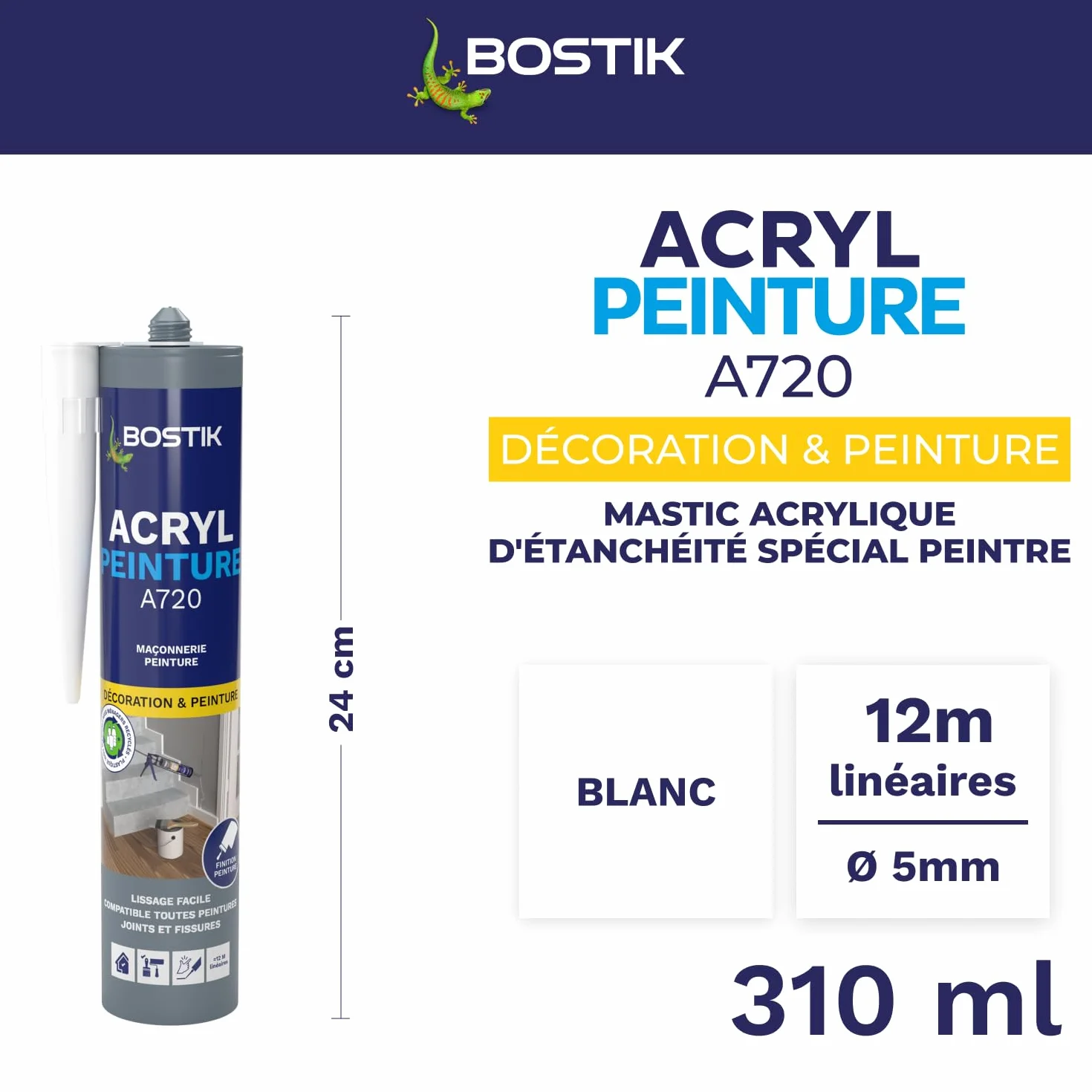 Bostik Acryl Peinture – Mastic Acrylique – Intérieur – Spécial Peinture, Calfeutreutement et Fissures – Tous Matériaux – Blanc – Cartouche 310 ml