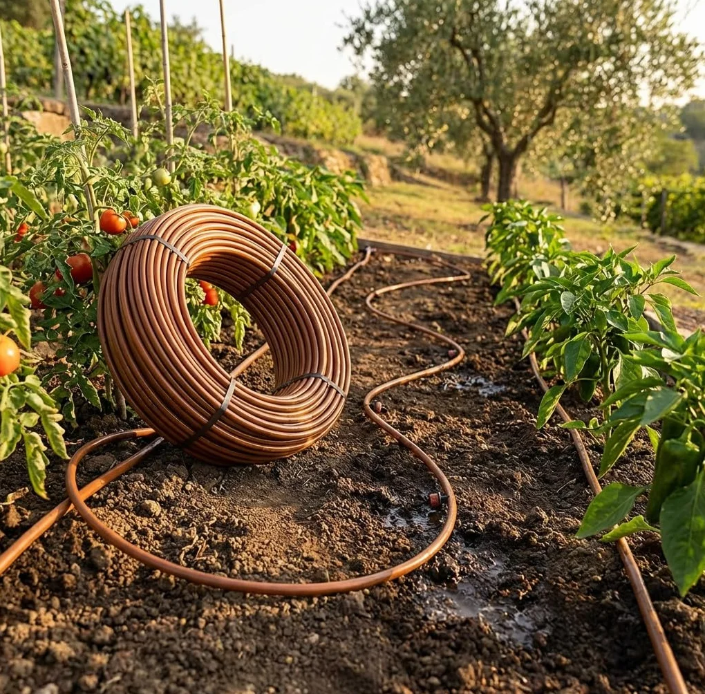 Tuyau d'irrigation goutte à goutte 16 mm marron avec goutteurs turbulents intégrés tous les 50 cm 100 mètres 1 mm 2,5 l/h