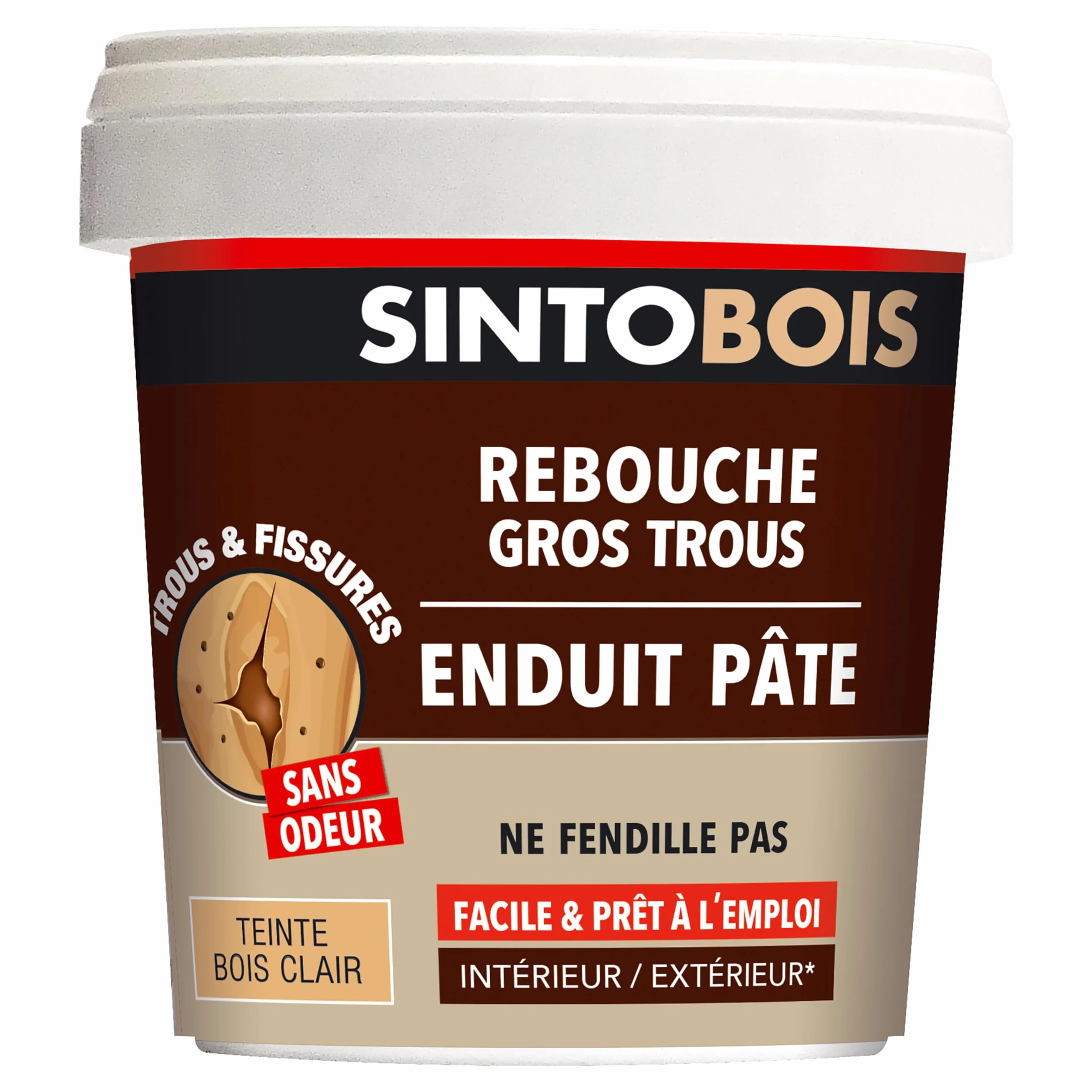SINTO Rebouche gros trous et fissures bois clair 1kg, prêt à l'emploi, excellente adhérence, ne fendille pas, séchage rapide, bois et dérivés, intérieur et extérieur