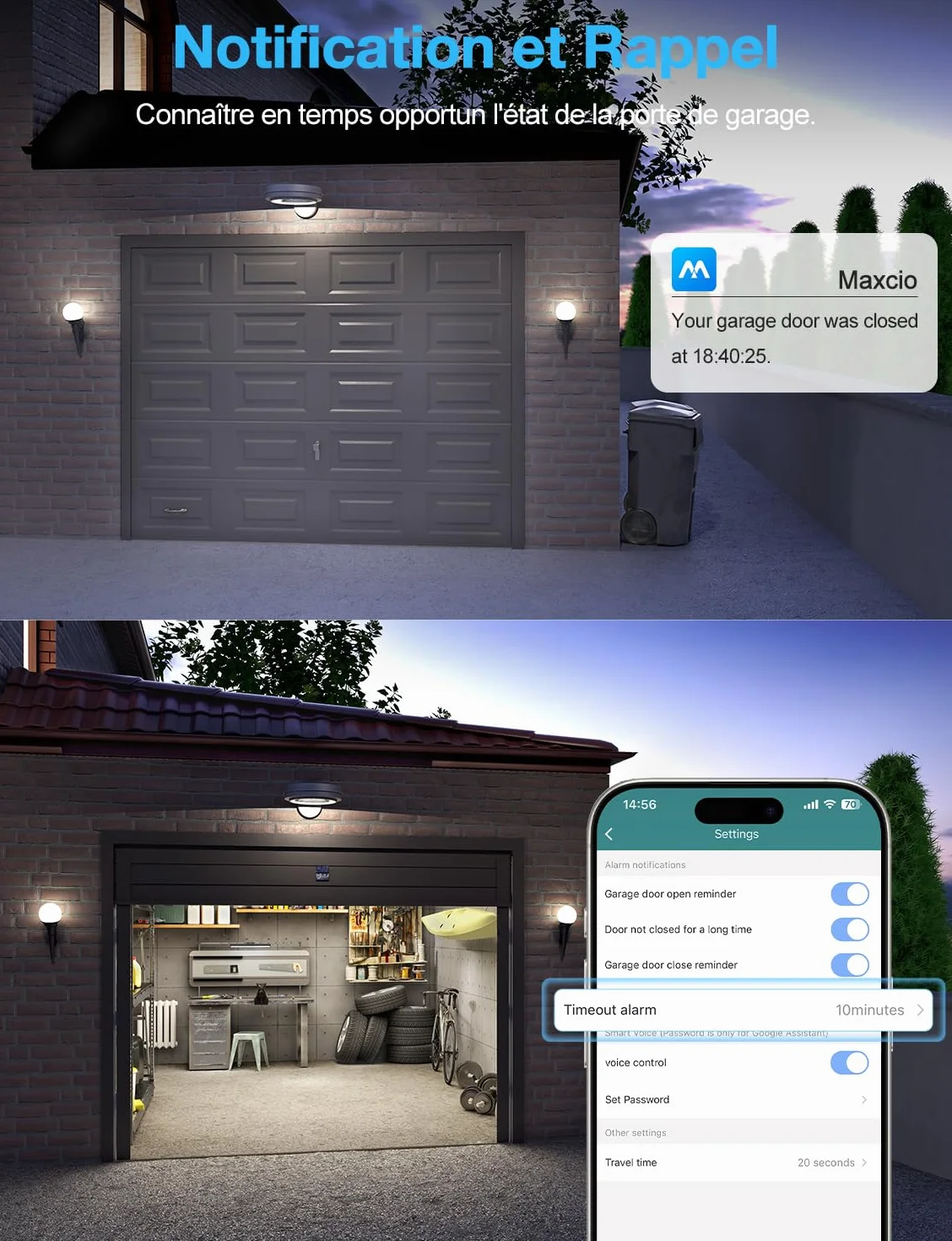 Maxcio Ouvre-Porte de Garage Connecté Wi-Fi, Compatible avec Alexa/Google Home, Contrôle par Application, Commande Vocale, Fonction de Temps, Compatible avec Alimentation CC et CA