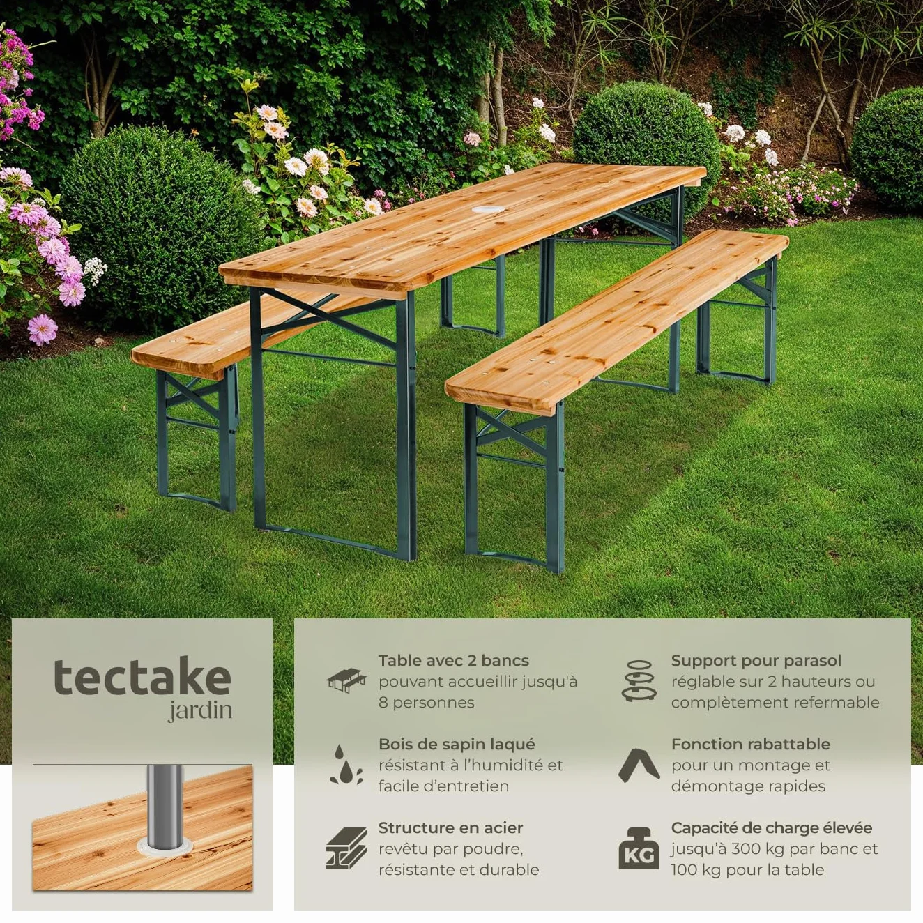 Tectake Table et Banc en Bois de Brasserie 3 pièces Pliable avec Support Parasol