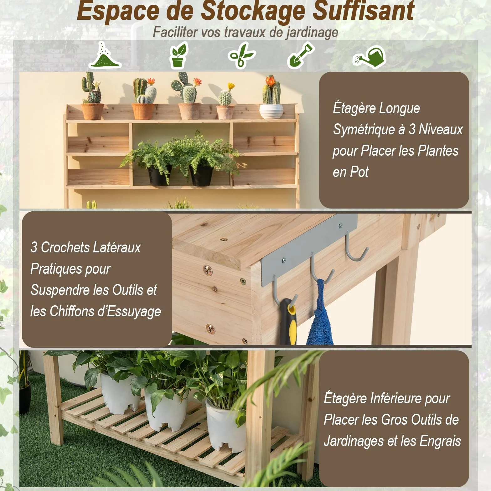 GOPLUS Table de Rempotage en Bois Plateau Ouvrable, Jardinage avec Étagères, Crochets et Tiroir, Charge 150 KG, 110 x 50 x 153 CM