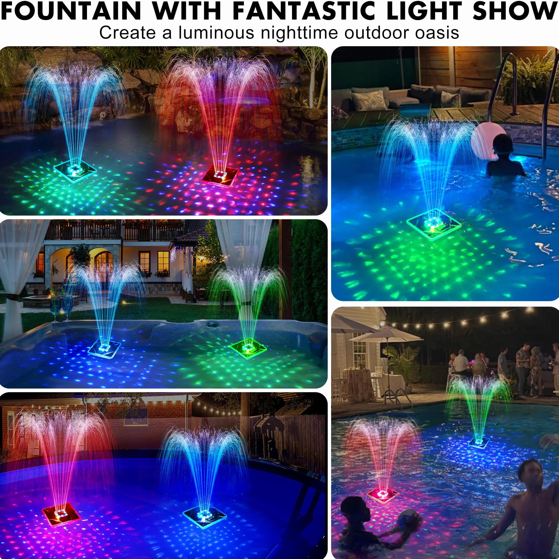 Fontaine Solaire Flottante avec Lumière 2 Modes Hauteur 110cm pour Piscine Bassin