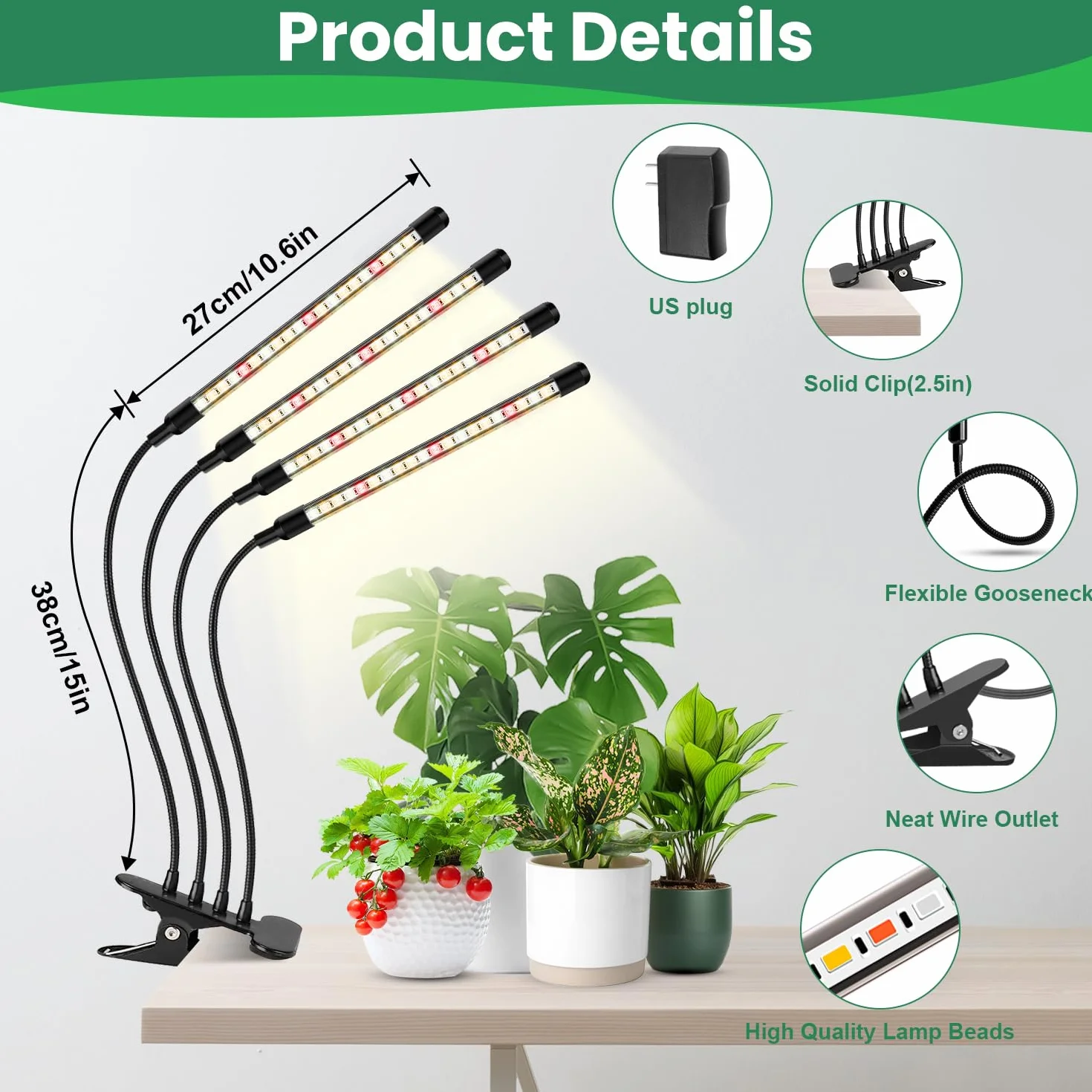 Garpsen Lampe pour plantes 80 LEDs Lampe de culture 4 têtes spectre complet avec minuterie Auto ON Off 4/8/12H 3 modes 10 niveaux luminosité