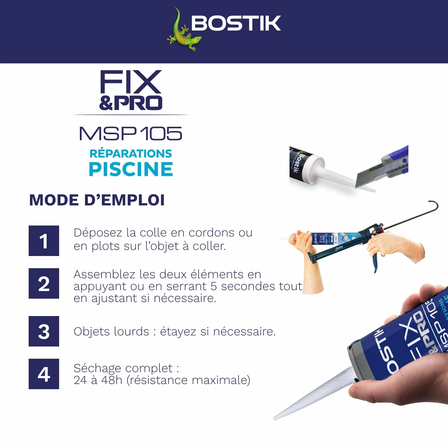 Bostik FIX&PRO MSP 105 Réparations Piscine Blanc – Mastic Pour Carrelage, Mosaïque et Pièces à Sceller Piscine – Intérieur/Extérieur – MS Polymère – 290 ml