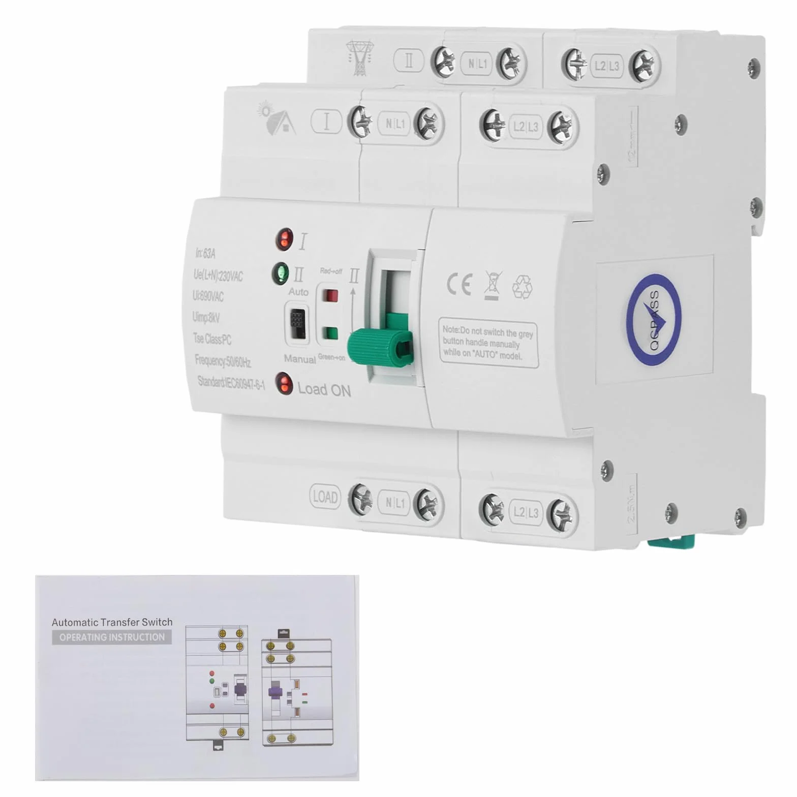 Inverseur de Source Automatique 63A 4P pour Rail DIN, ATS Mini 400V avec Commutation Rapide <50ms pour Générateur de Secours dans Armoire Électrique - Inverseur de Source Monophasé 63a