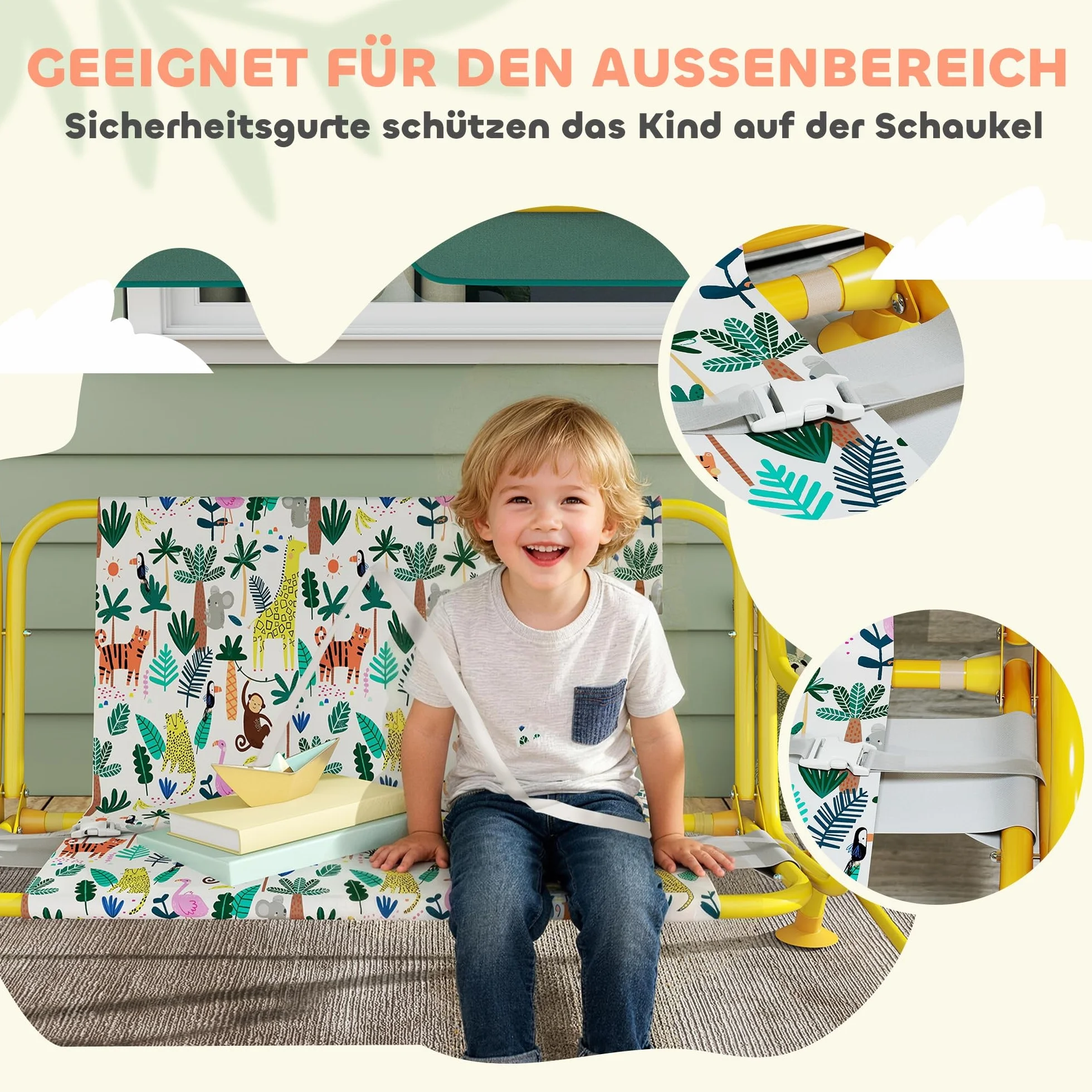 AIYAPLAY Balançoire Hollywood pour Enfants 2 Places avec Pare-Soleil réglable, Ceinture de sécurité, Banc de Jardin