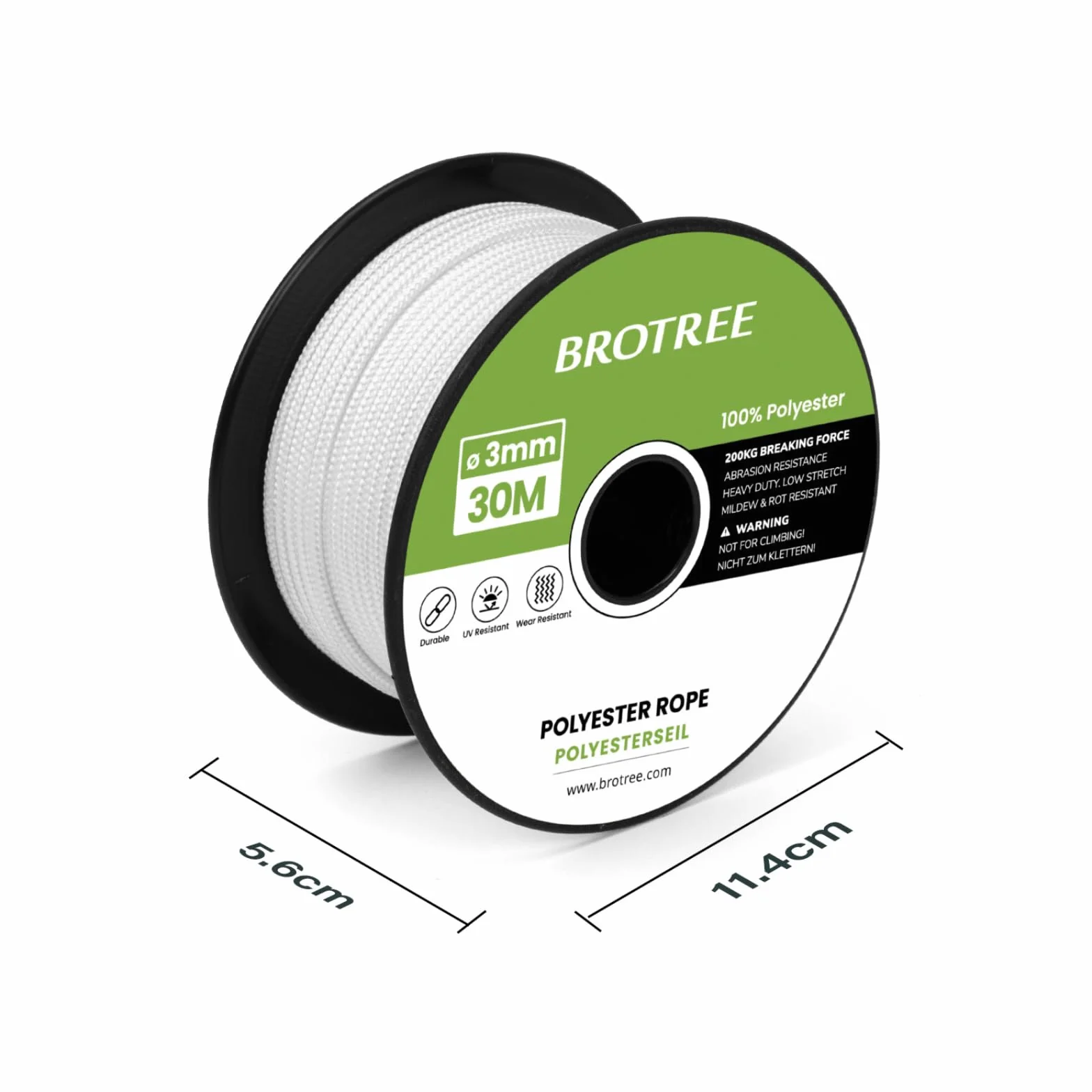 Brotree Corde de Polyester 3mm x 30m Blanc - Cordage Tresse Nautique pour Extrieur, Amarrage, Bateau, Jardin - 200KG Charge de Rupture