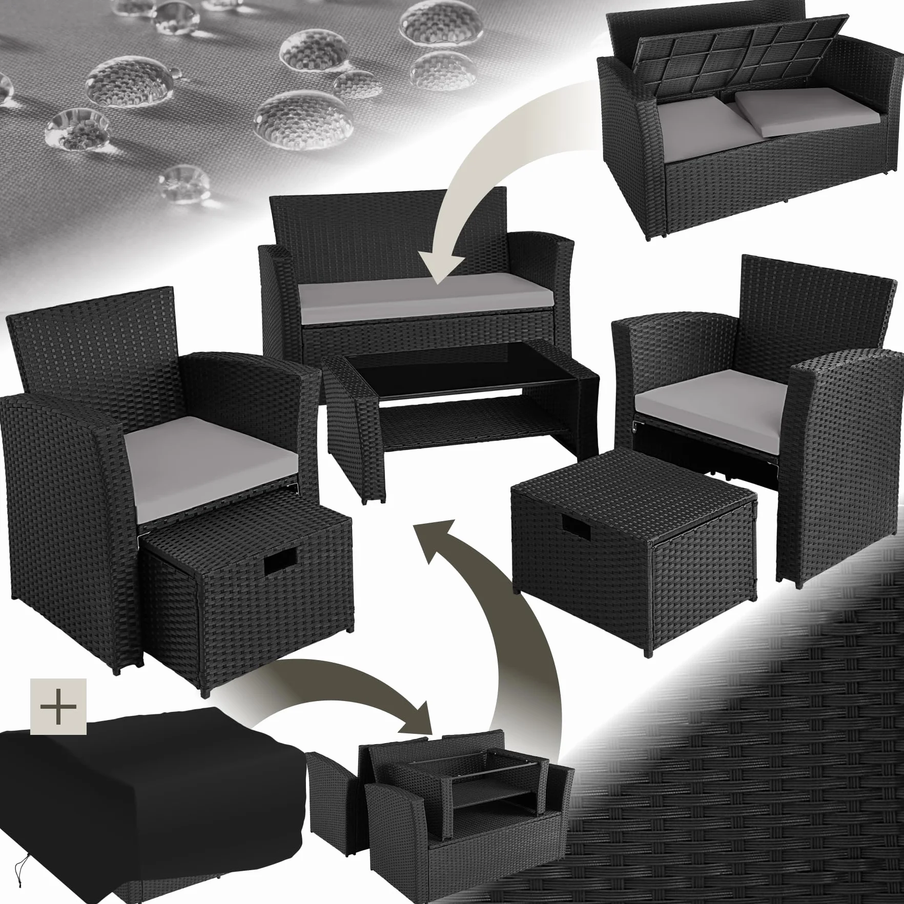 tectake Ensemble Salon de Jardin Poly Rotin 1 Banquette 2 Fauteuil 2 Tabouret 1 Table Jardin Noir/Gris