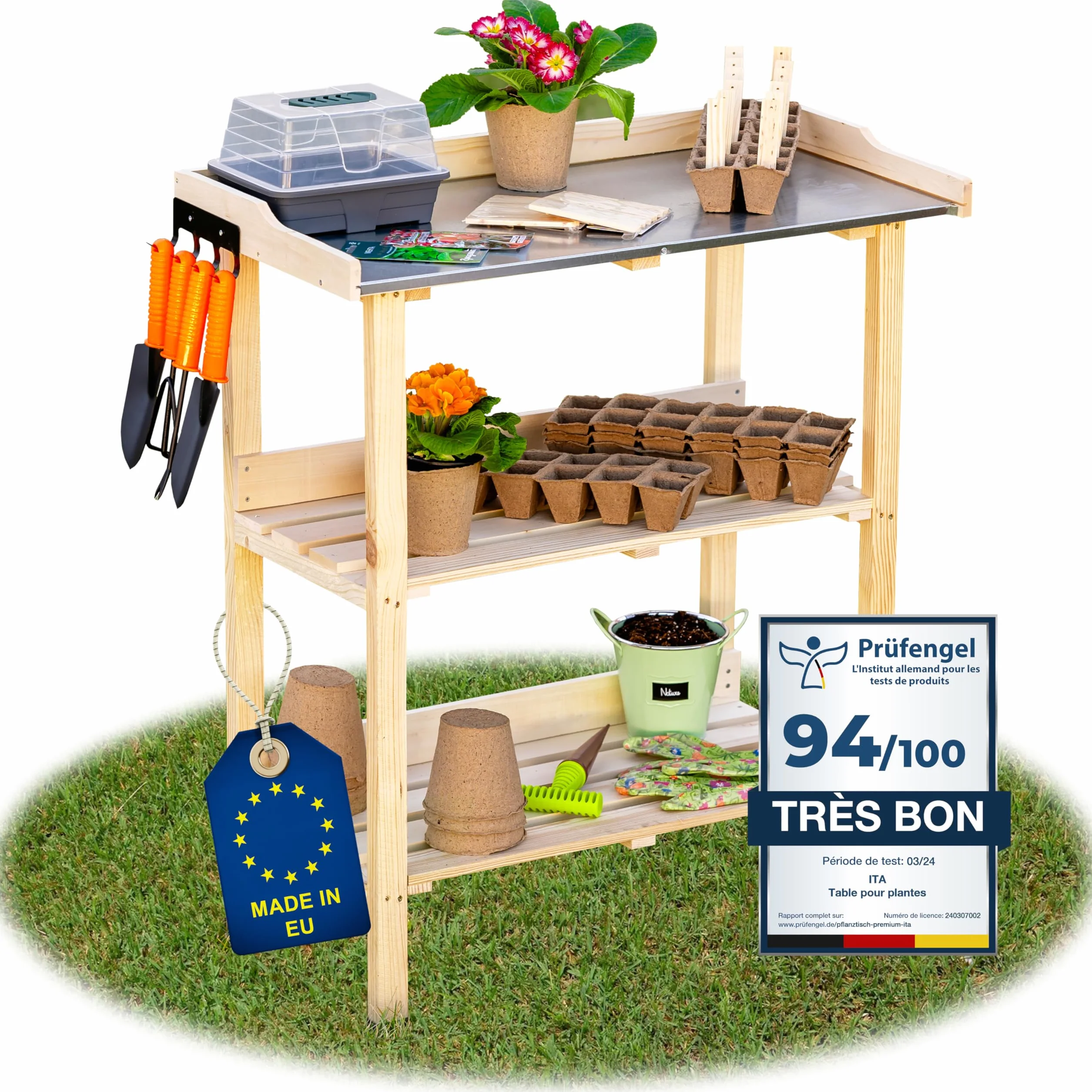 ITA Table de Plantation en Bois 76x38x89 cm avec Plan de Travail galvanisé et étagère inférieure 3 étages