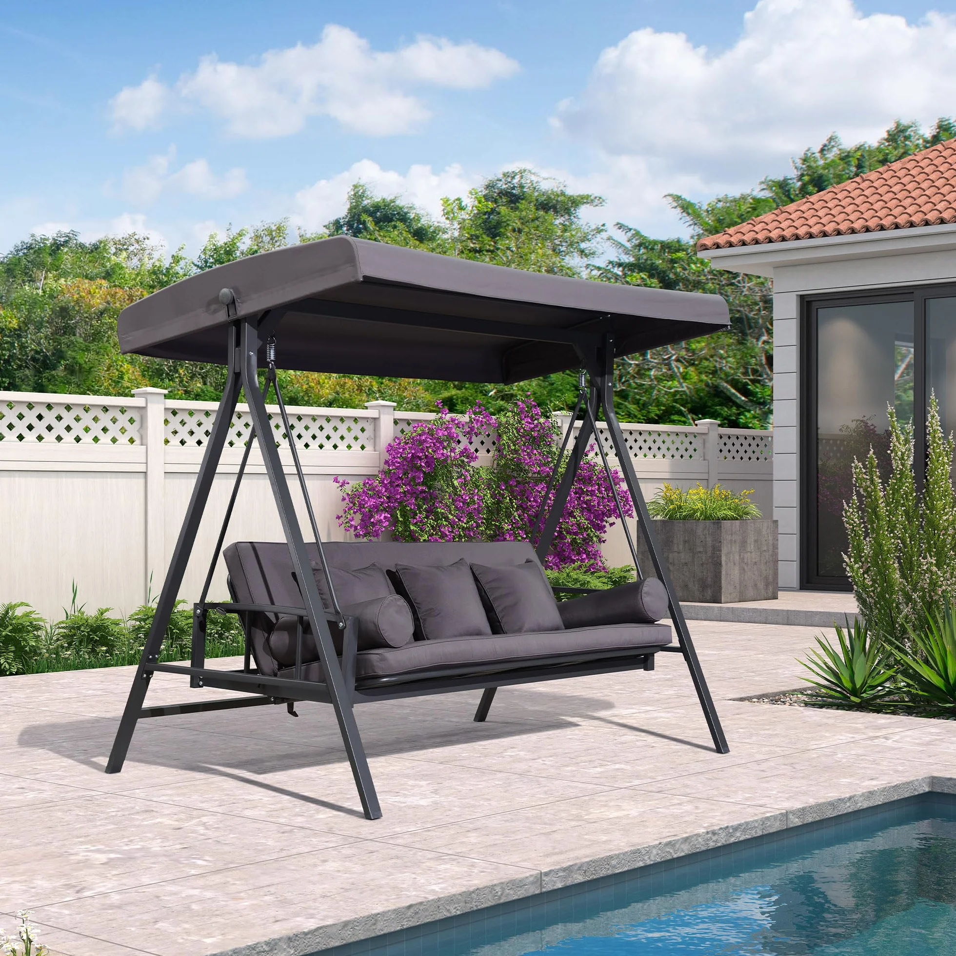 Balancelle de Jardin 3 Places Toit Réglable Convertible en Lit XL 350kg Gris
