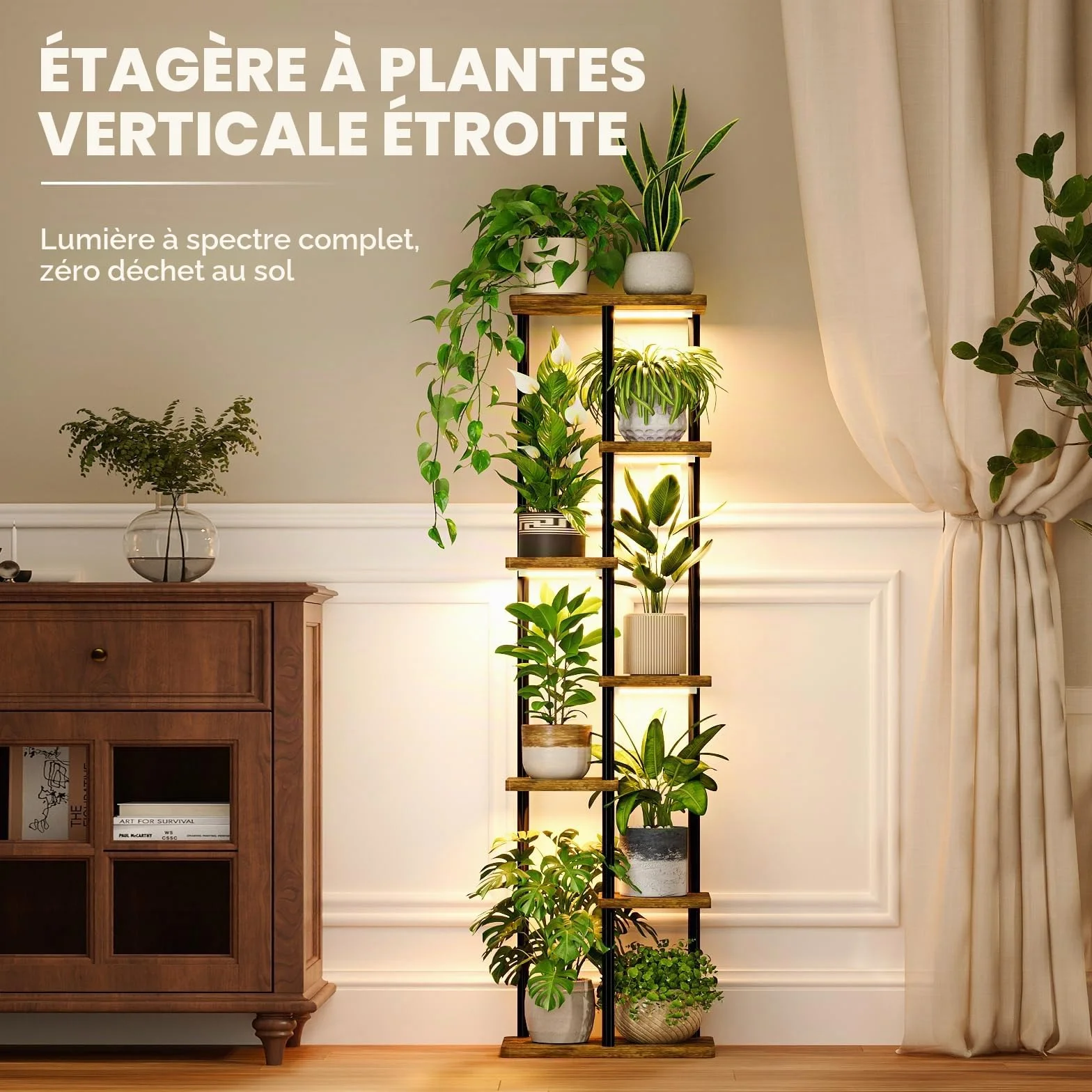 Bamworld Étagère Plante d'Angle 7 Niveaux Bois Métal avec Lampe, Support Plante Intérieur avec Éclairage