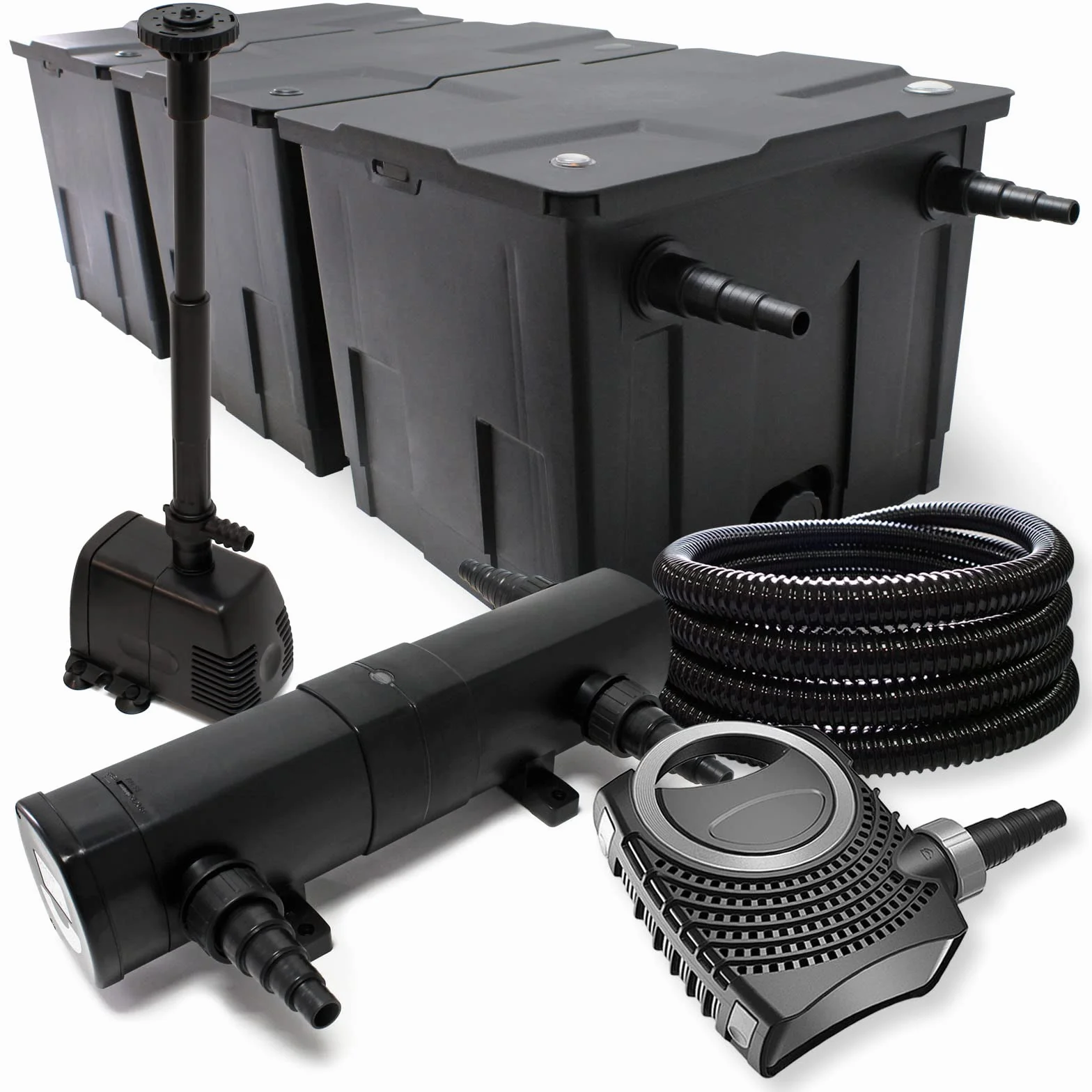 Wiltec Kit complet CBF-350C Filtre de bassin 90000 L NEO10000 pompe 10000l/h 80W CUV-218 lampe UV 18W 25m Tuyau 25 mm HJ-943 fontaine 800l/h 16W