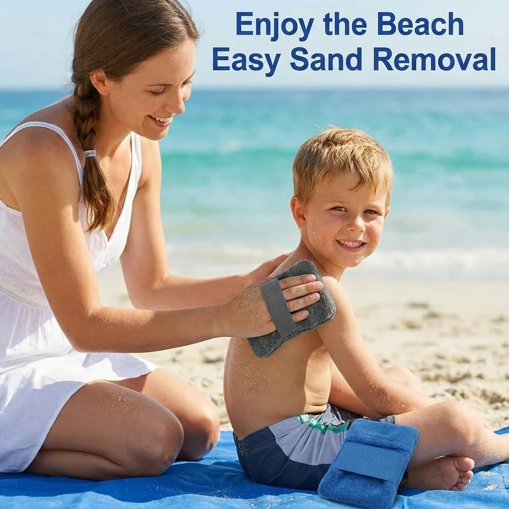 Ensemble 2 Pièces pour Éliminer Le Sable de Plage Brosse à Sable avec Gant Doux, Nettoyant à Sable Réutilisable et Sac de Rangement Accessoires de Plage pour Vacances et Camping