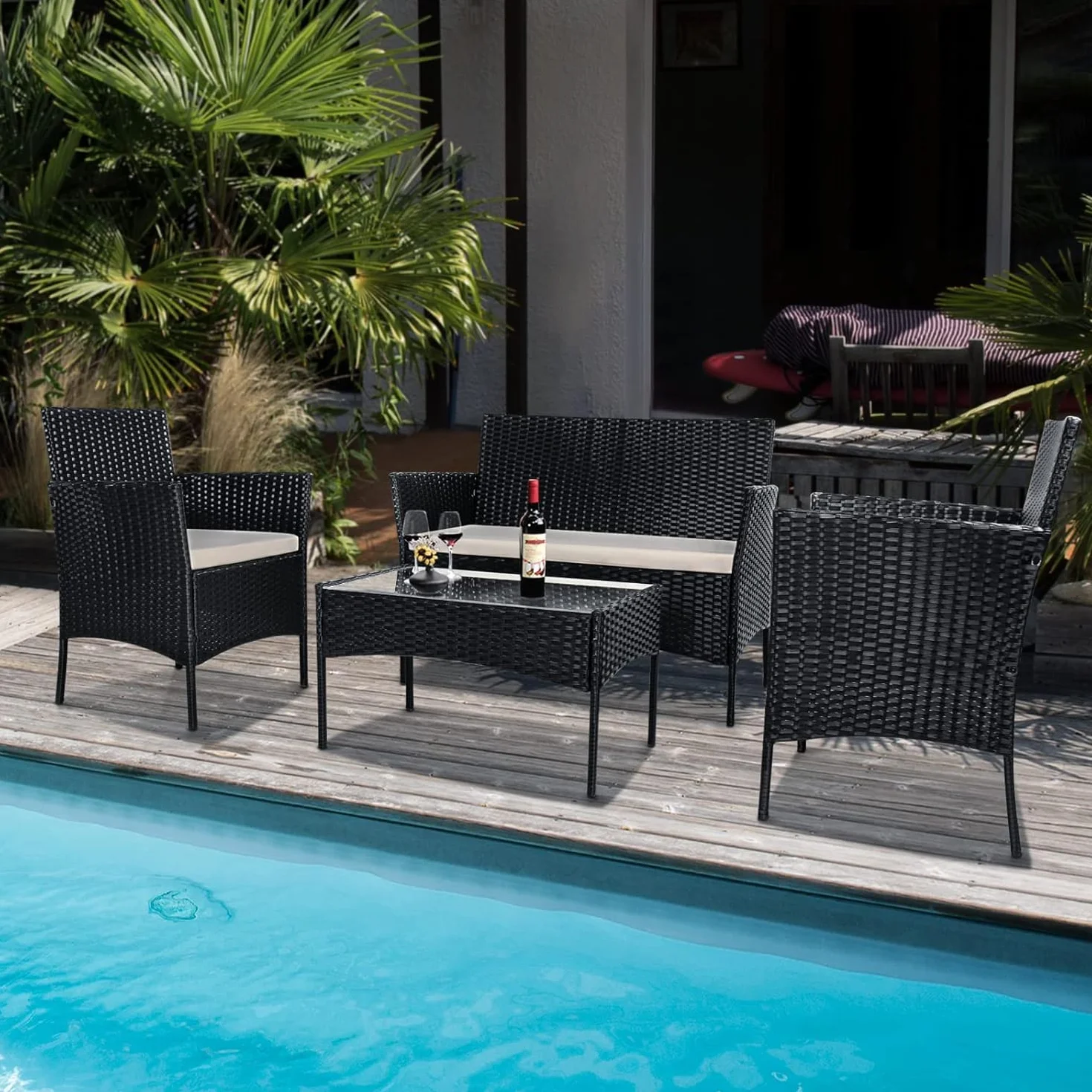 Salon de Jardin en Résine Tressée 4 Personnes avec 2 Fauteuils 1 Canapé 2 Places Table Noir