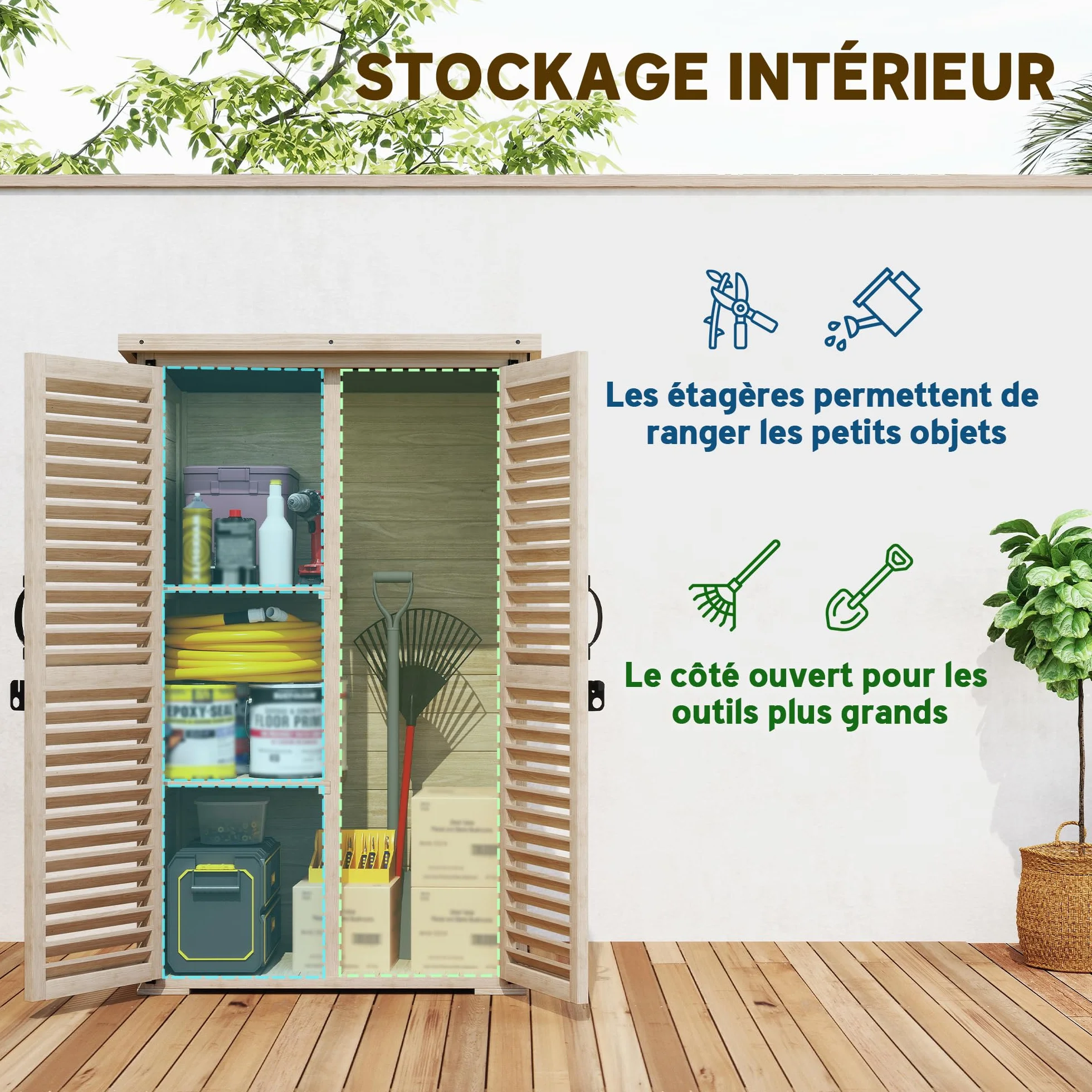 Outsunny Armoire de Jardin Bois Toit bitumé 2 étagères Portes persiennes verrouillable 75x50x118