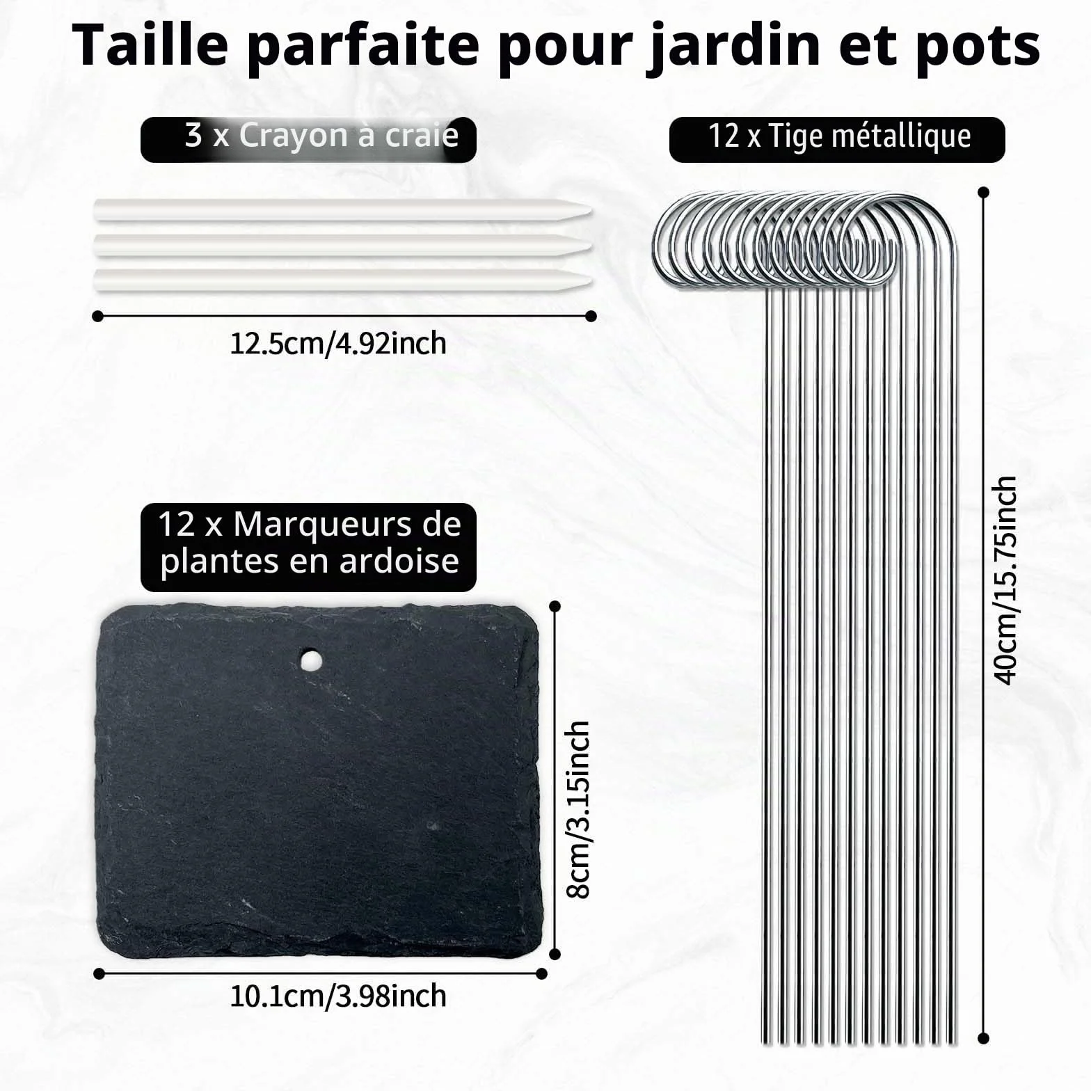 Étiquettes Plantes Ardoise Rectangulaires Lot de 12 avec Tige Métal Imperméables Extérieur Marqueurs Jardin Réutilisables Stylo Craie