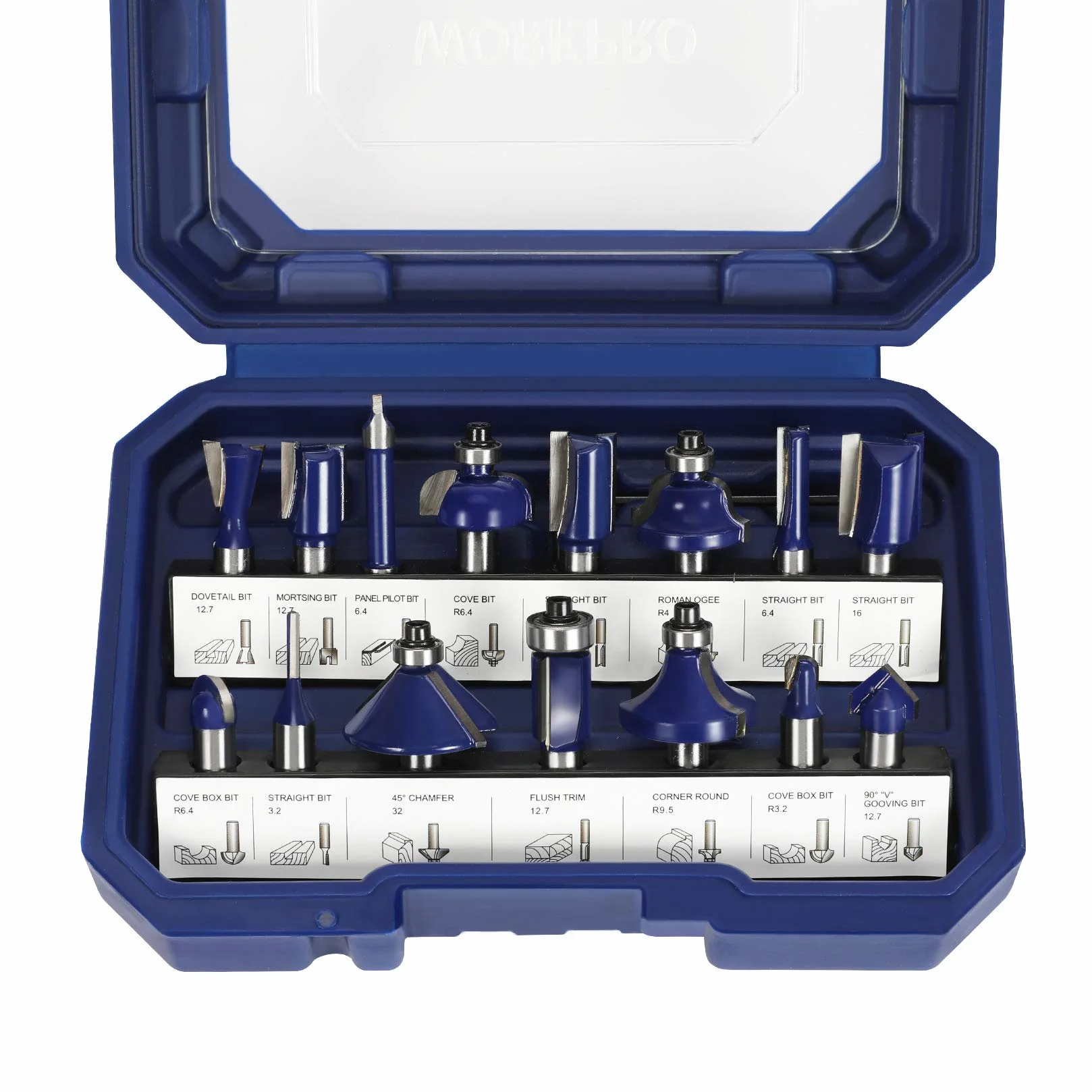 WORKPRO Coffret de 15 Fraises Défonceuses à Tige de 8 mm, Fraises à Rainurer en Acier au Tungstène pour la Finiation du Bois Divers
